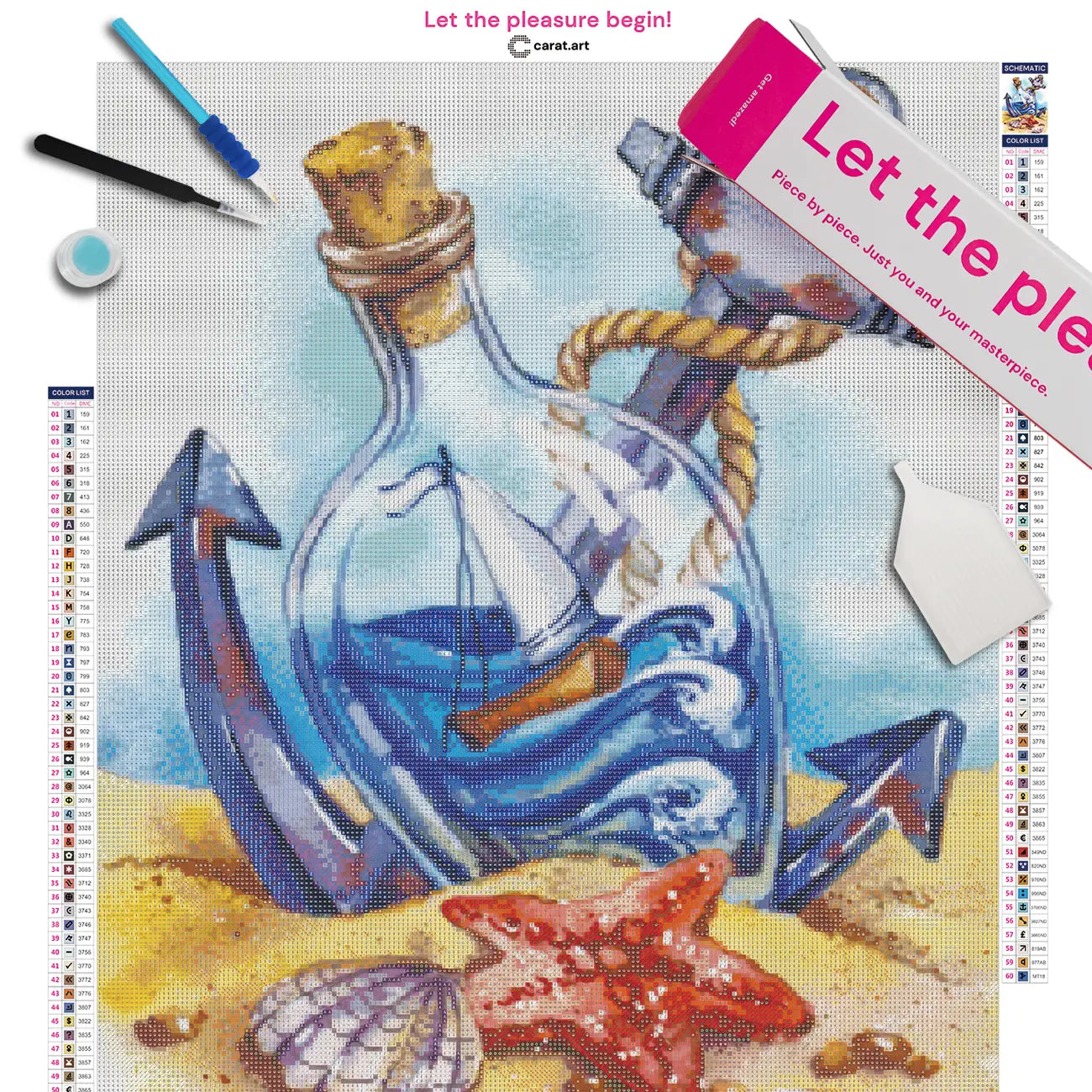 Diamond Painting Set mit Flaschenschiff, Anker, Muscheln und Seestern als maritimes Sommermotiv auf Leinwand, mit Carat Art Karton und hochwertigem Zubehör