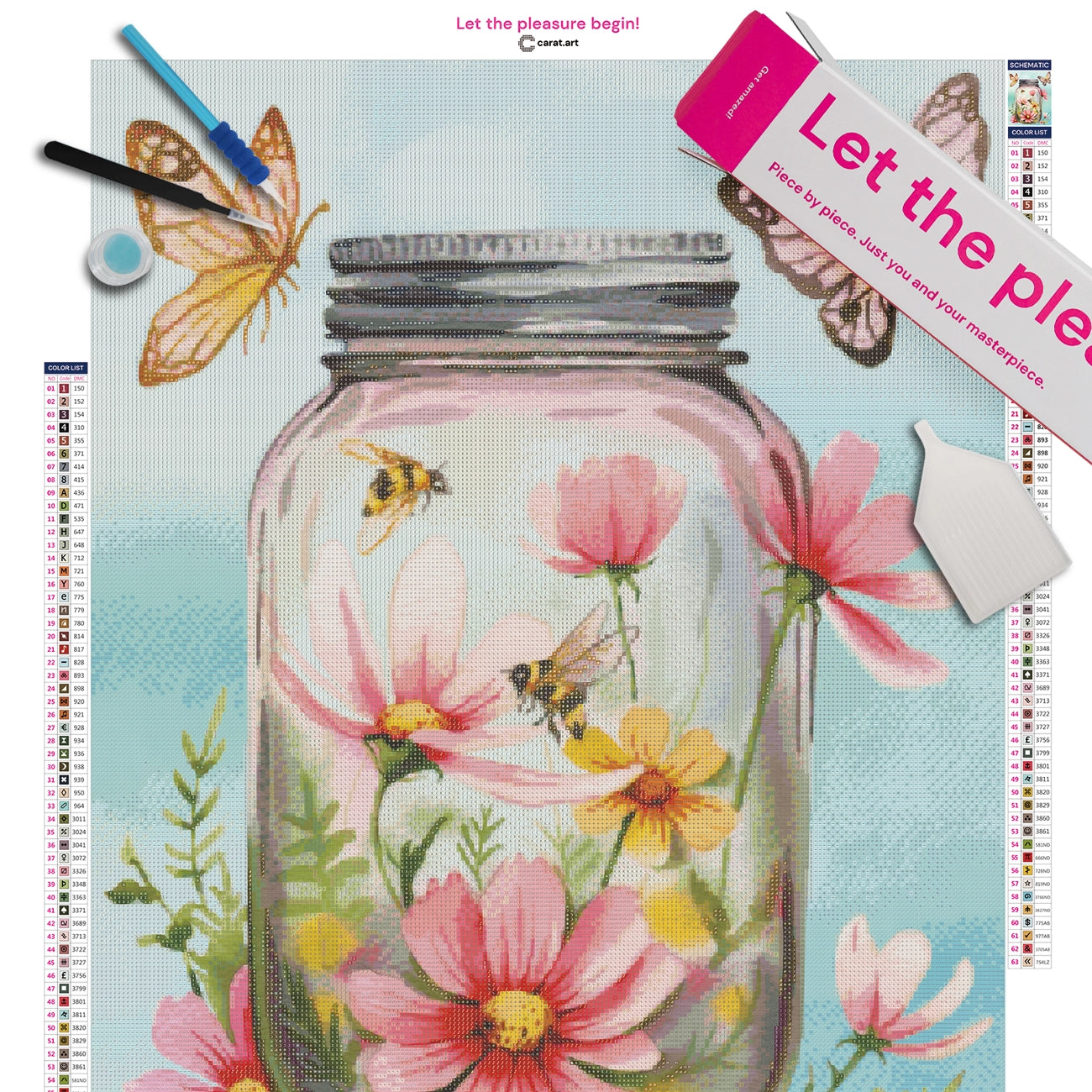 Premium Diamond Painting Set mit Einmachglas, Blumen und Bienen, Leinwand und hochwertigem Zubehör