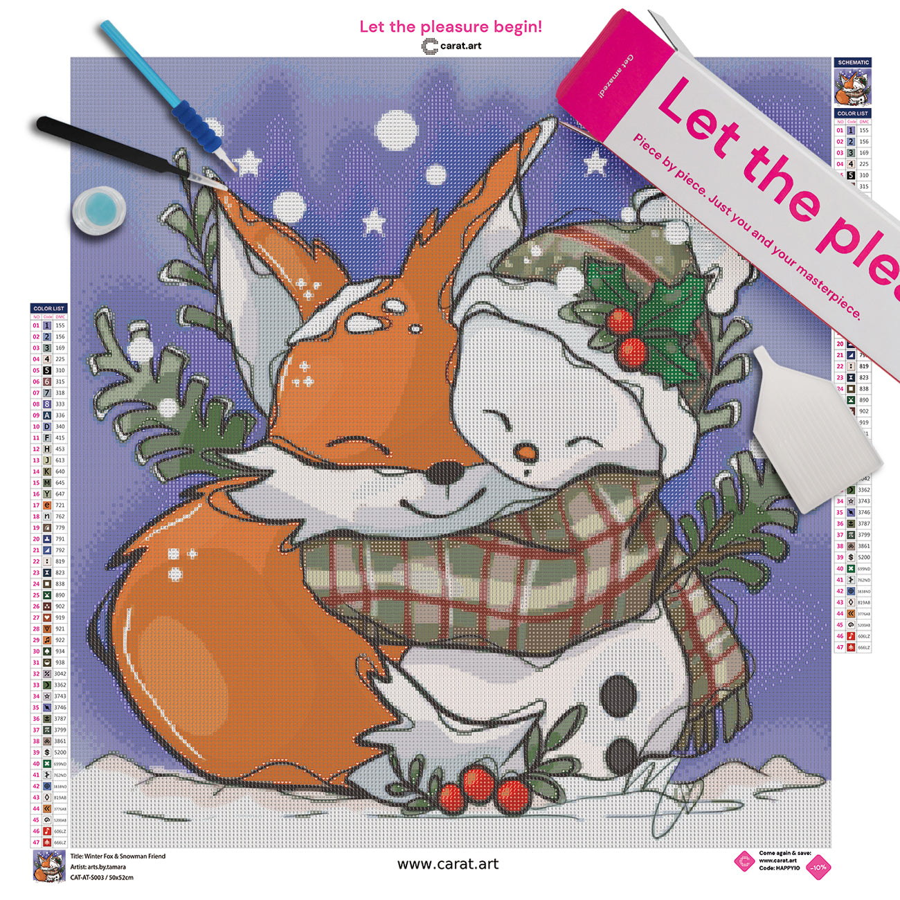 Diamond Painting Set mit Fuchs, Schneemann und winterlicher Dekoration aus Zweigen und Beeren inklusive Leinwand, Carat Art Karton und hochwertigem Zubehör