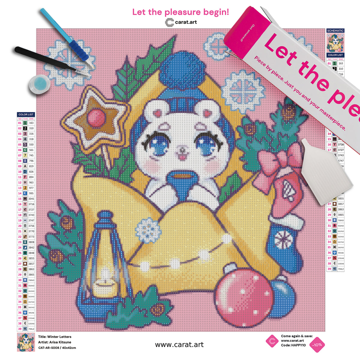 Premium Diamond Painting Set mit Eisbär, winterlich dekoriertem Briefumschlag, Laterne und glitzernden Schneekristallen inklusive Leinwand, Diamond Painting Werkzeug und Carat Art Box