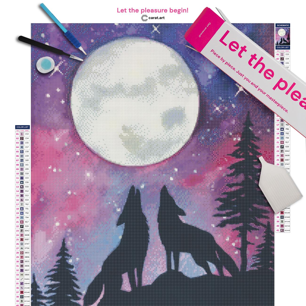 Diamond Painting Set mit zwei Wölfen, Vollmond und farbenfrohem Nachthimmel inklusive Leinwand, Carat Art Karton und hochwertigem Zubehör
