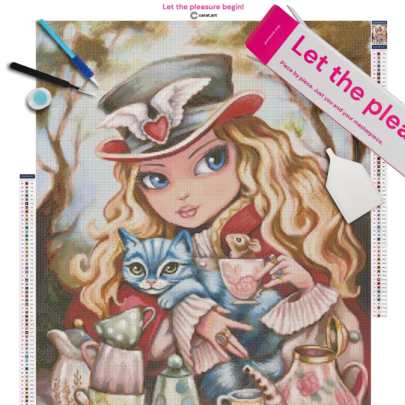 Diamond Painting Set mit Alice, Grinsekatze und fantasievollem Teeparty-Motiv auf Leinwand, mit Carat Art Karton und hochwertigem Zubehör
