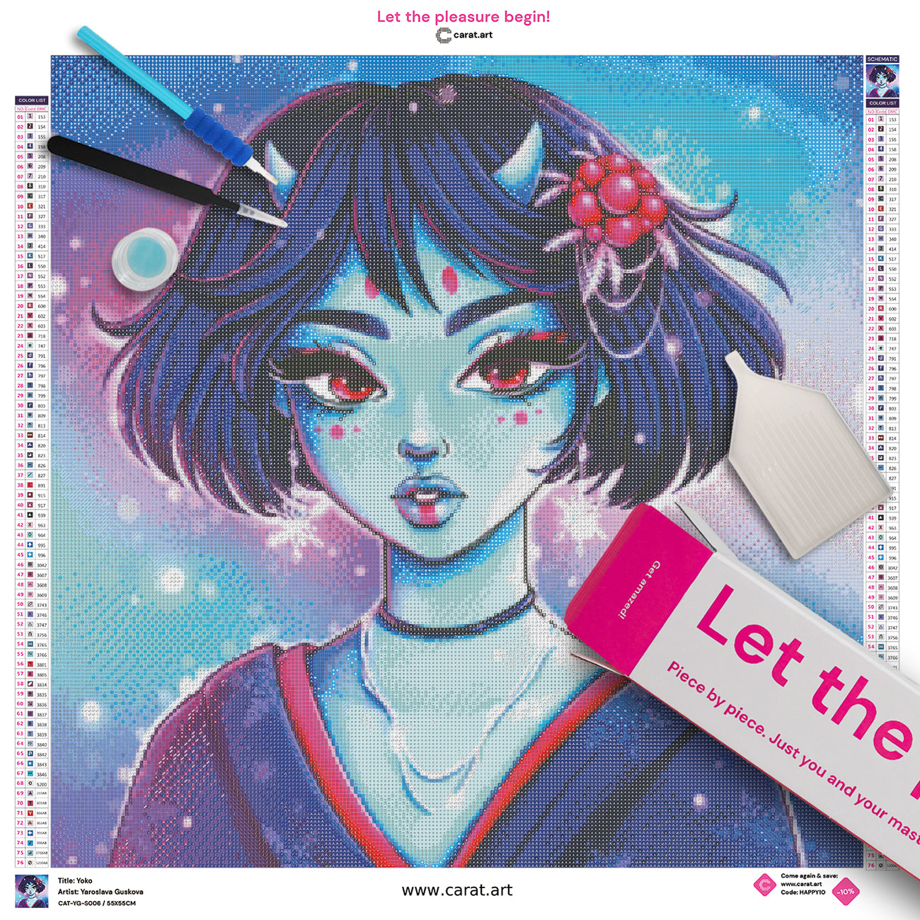 Premium Diamond Painting Set mit Dämon Mädchen im Kimono, Leinwand und hochwertigem Zubehör