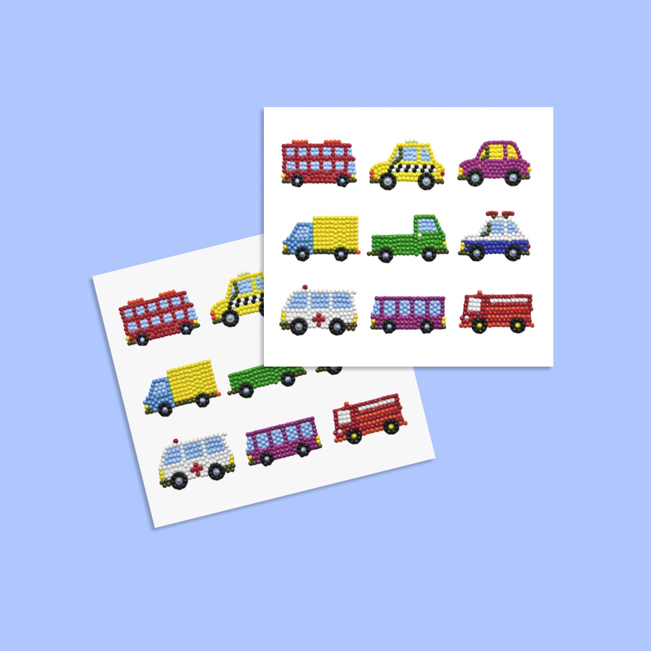 Diamond Painting Sticker Set für Kinder mit zwei Stickerbögen und bunten Fahrzeugmotiven wie Taxi, Krankenwagen, Feuerwehr, Polizei und Laster