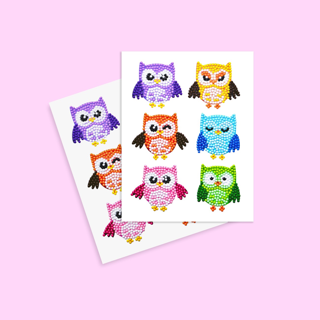 Diamond Painting Sticker Set für Kinder mit zwei Stickerbögen und bunten Eulenmotiven in verschiedenen Farben