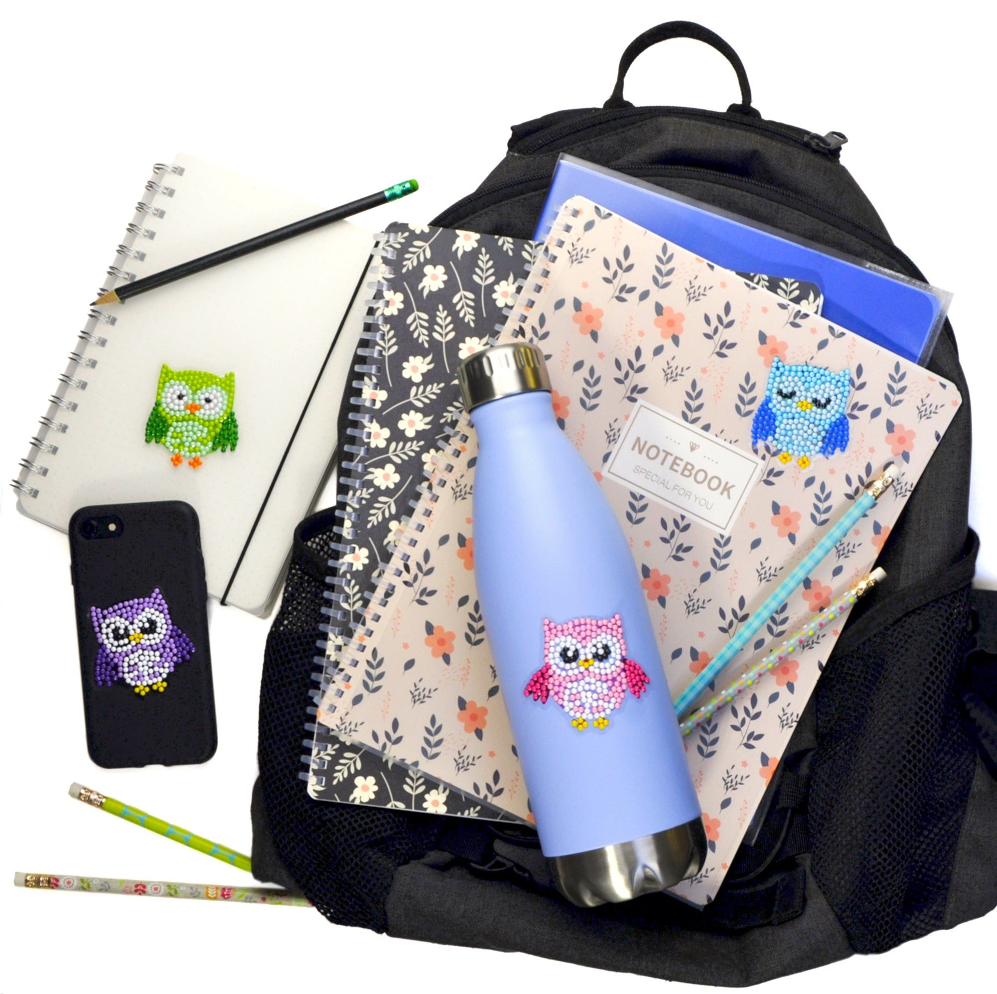 Kreative Schultüten-Idee für Kinder: Eulen Sticker als bunte Dekoration auf Schulheften, Trinkflasche und Handyhülle – Diamond Painting Sticker zum Gestalten