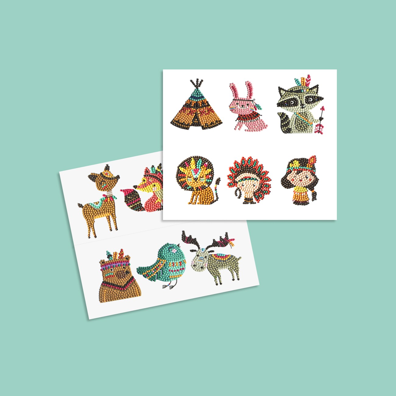Diamond Painting Sticker Set für Kinder mit zwei Stickerbögen und liebevollen Indianer-Motiven mit Bär, Fuchs, Indianermädchen, Federschmuck und Tipi