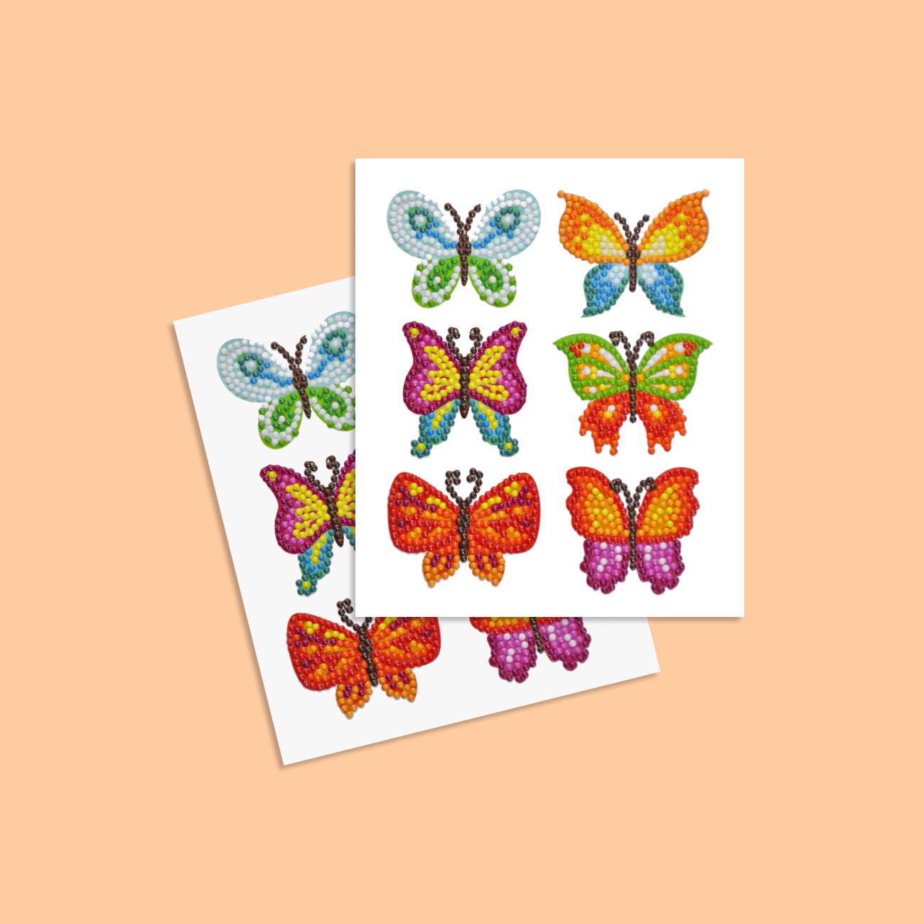 Diamond Painting Sticker Set für Kinder mit zwei Stickerbögen und glitzernden Schmetterlingsmotiven in bunten Farben