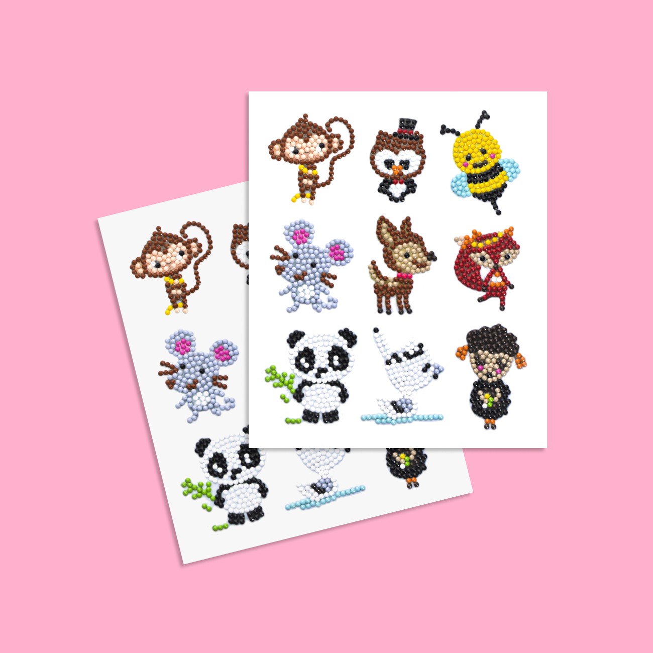 Diamond Painting Sticker Set für Kinder mit zwei Stickerbögen und bunten Tiermotiven wie Fuchs, Panda und Maus