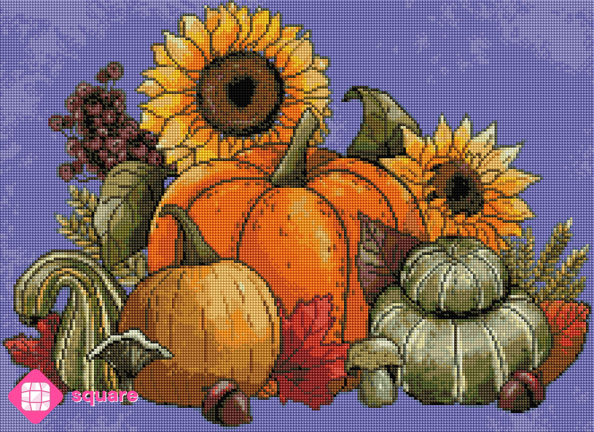 Diamond Painting Vorschau mit Thanksgiving Motiv mit Kürbissen, Pilzen, Sonnenblumen und Beeren in funkelnder Steinoptik als Render-Vorschau