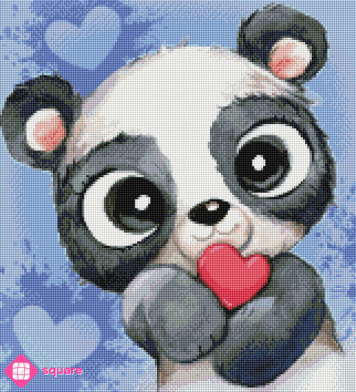 Diamond Painting Vorschau mit Pandabär und Herz in funkelnder Steinoptik