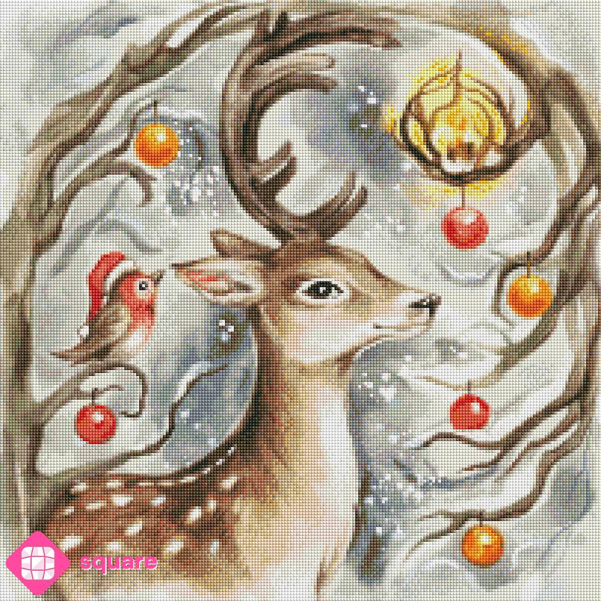 Diamond Painting Vorschau mit Hirsch, Rotkehlchen und warm leuchtender Kerze im verschneiten Winterwald, umgeben von festlich geschmückten Zweigen und fallenden Schneeflocken in funkelnder Steinoptik