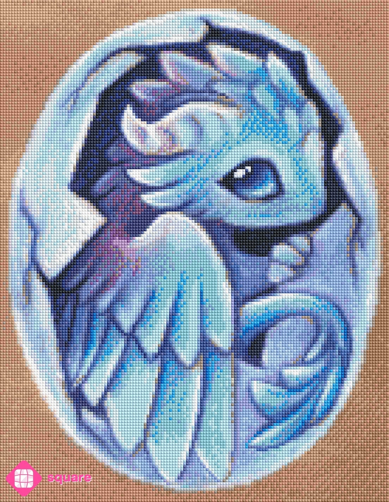 Diamond Painting Vorschau mit einem niedlichen hellblauen Drachen, der gerade aus einem hellblauen Ei schlüpft, in funkelnder Steinoptik