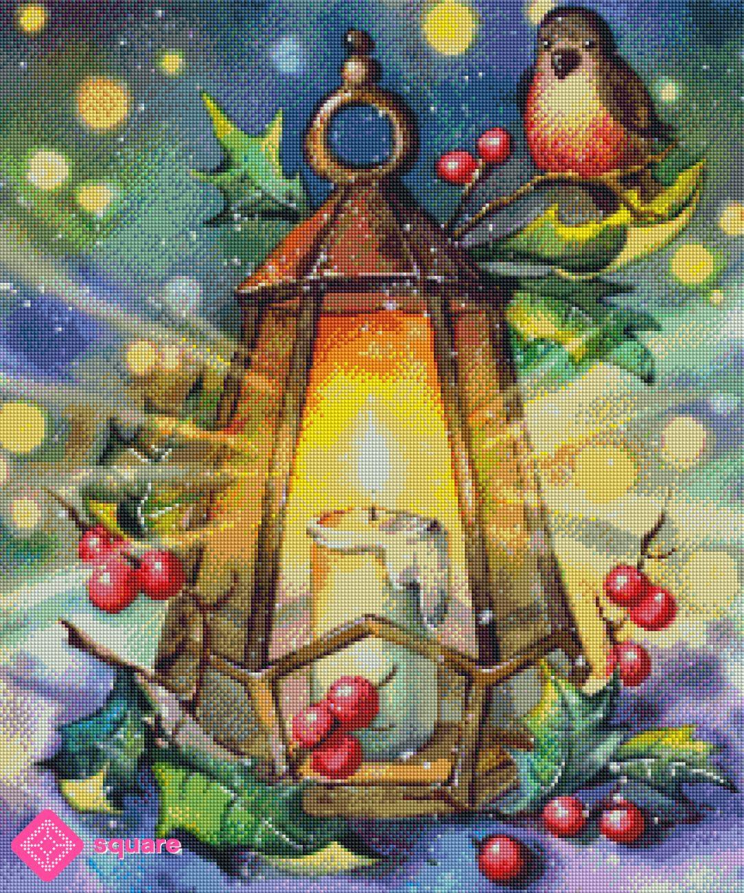 Diamond Painting Vorschau mit leuchtender Laterne, verschneiter Winterlandschaft, kleinem Vogel sowie winterlicher Dekoration aus Blättern und Beeren in funkelnder Steinoptik