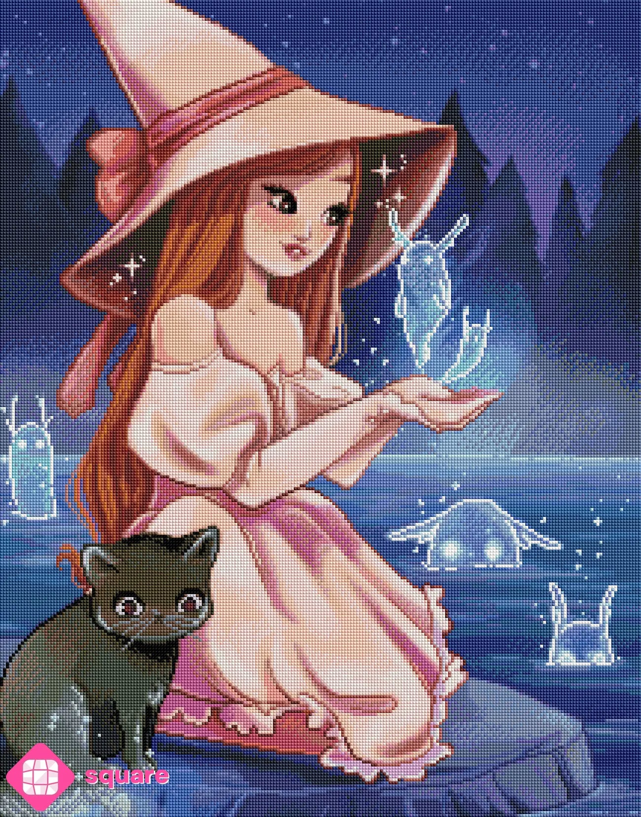 Vorschau eines zauberhaften Diamond Paintings mit Hexe, schwarzer Katze und magischen Wassergeistern am Fluss in der Nacht in funkelnder Steinoptik