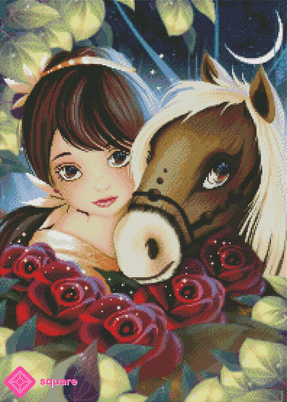 Diamond Painting Vorschau mit Belle und Rosen in funkelnder Steinoptik