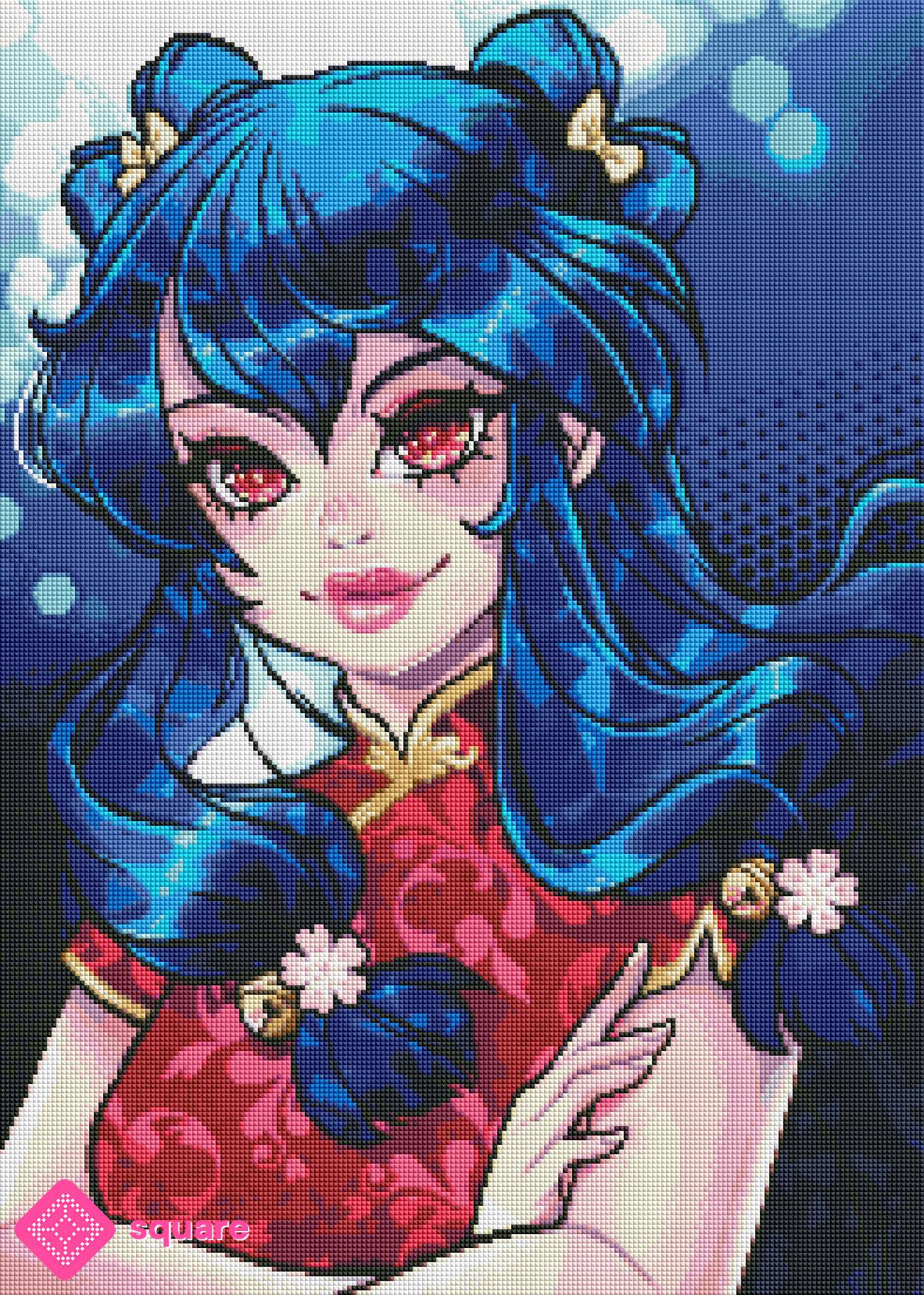 Diamond Painting Vorschau mit Mädchen mit strahlend blauen Haaren und großen ausdrucksvollen Augen in einem prachtvollen roten Kleid mit Muster, umgeben von funkelndem Bokeh in leuchtender Steinoptik