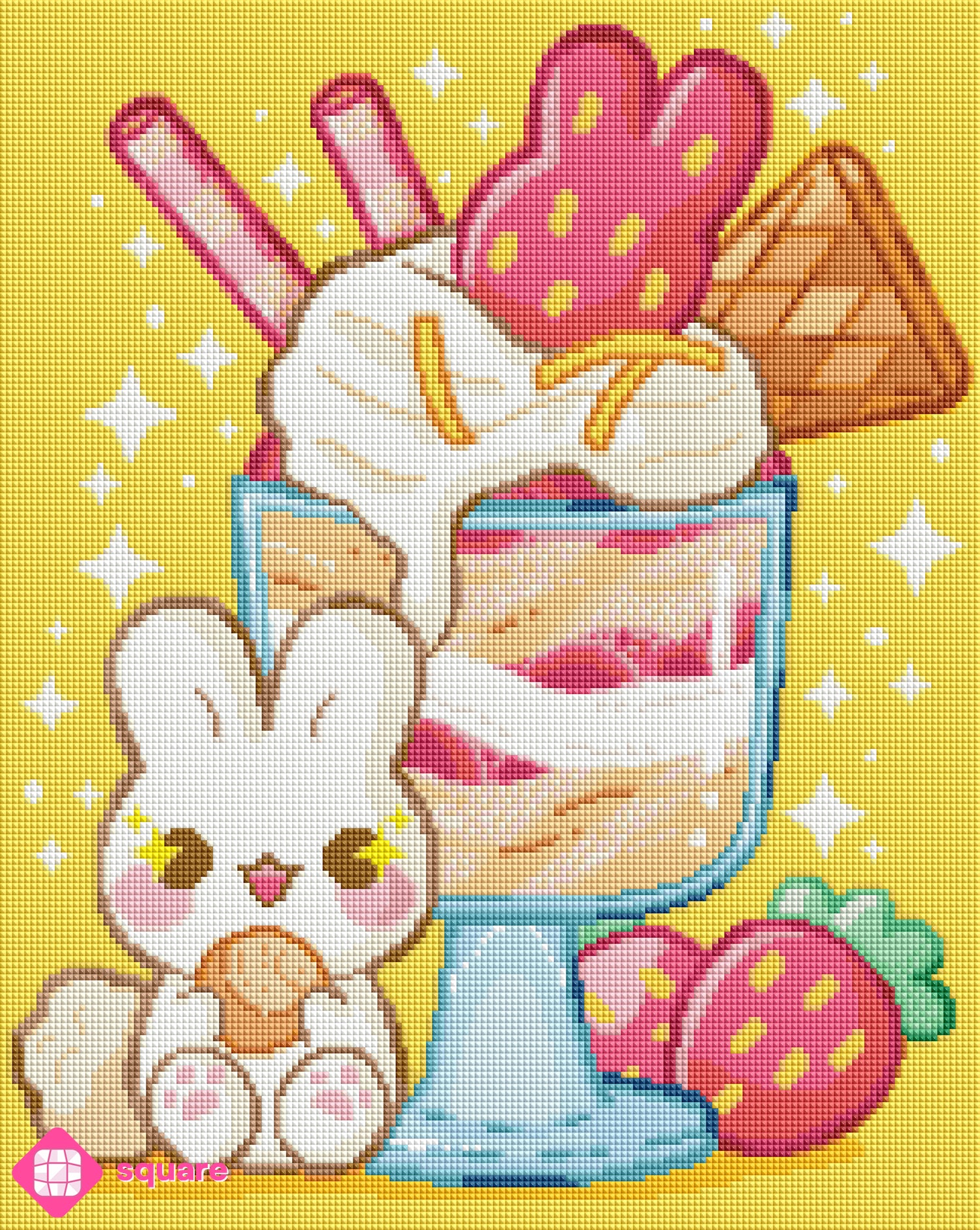 Diamond Painting Vorschau mit niedlichem Häschen beim Knabbern an einem Keks neben einem liebevoll dekorierten Erdbeereisbecher mit Sahne, rosa Erdbeeren und Waffeln, umgeben von funkelndem goldenen Sternenstaub in Steinoptik