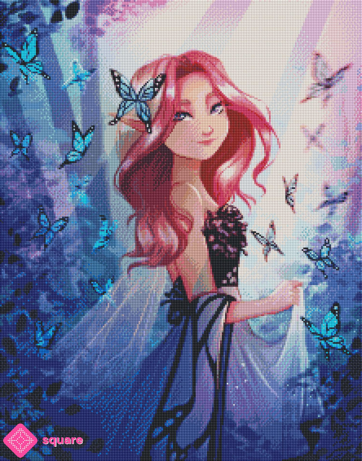 Vorschau eines Fantasy Diamond Paintings mit Schmetterlingskönigin und blauen Schmetterlingen in magischer Steinoptik