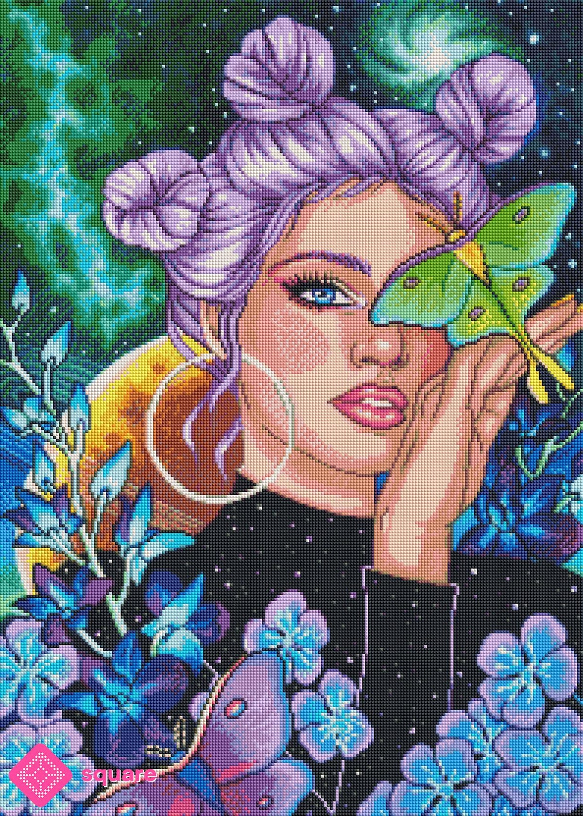 Diamond Painting Cosmic Girl mit Galaxie, Blumen und Nachtfalter in funkelnder Steinoptik