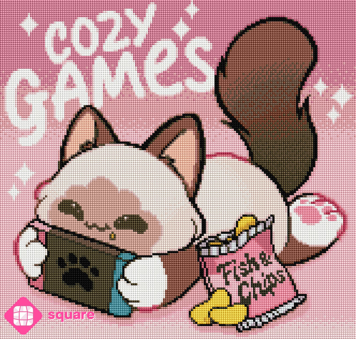 Diamond Painting Vorschau eines verspielten Kawaii-Motivs mit Kätzchen, Gaming-Controller, Snacks und dem Schriftzug „Cozy Games“ in funkelnder Steinoptik als Render-Vorschau