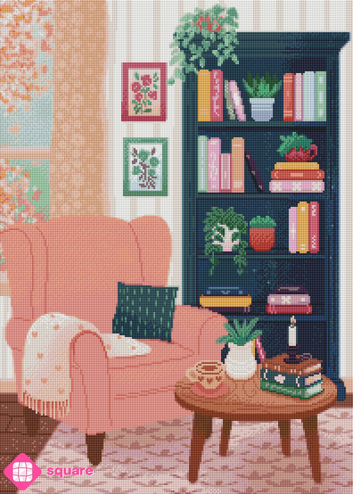 Diamond Painting Vorschau einer gemütlichen Leseecke mit apricotfarbenem Ohrensessel, Bücherregal, Büchern und Pflanzen in funkelnder Steinoptik als Render-Vorschau