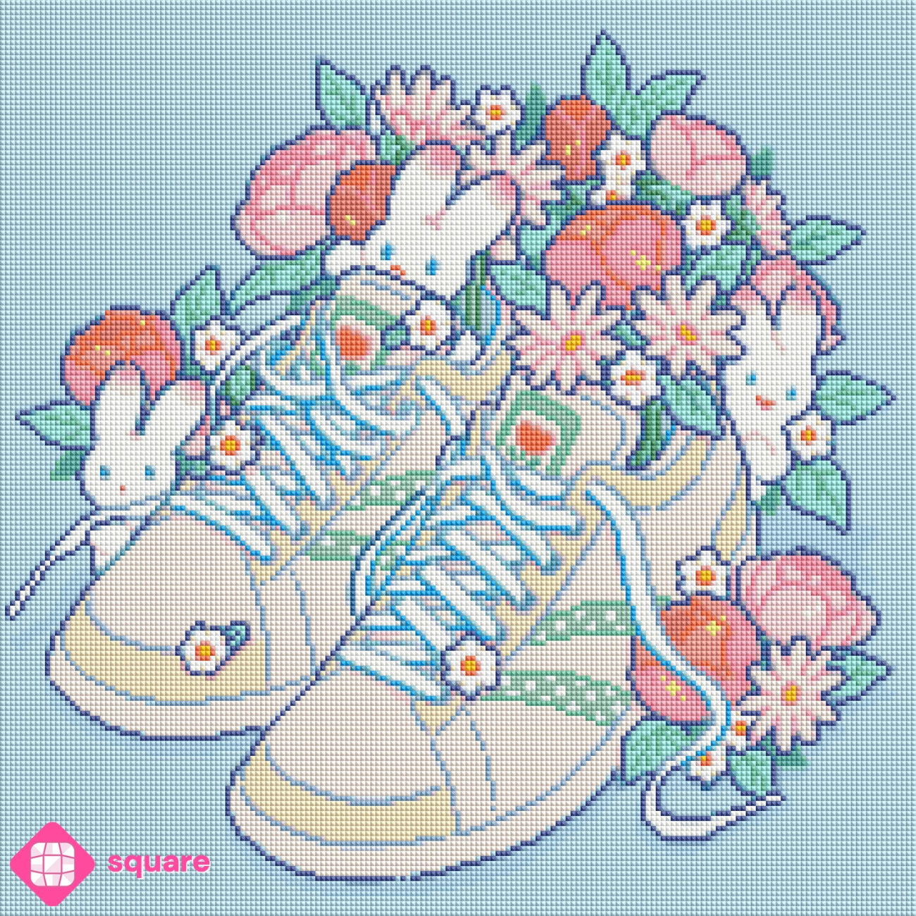 Vorschau eines Diamond Paintings von Hiroko mit Blumen Sneakern und Häschen in funkelnder Steinoptik