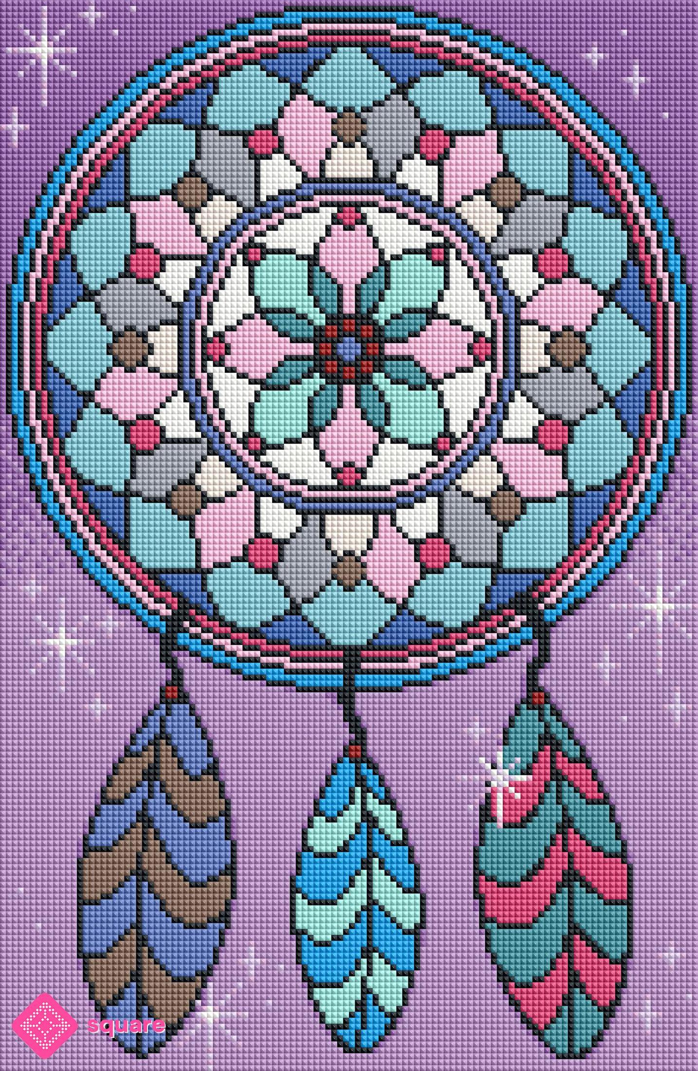 Diamond Painting Vorschau mit filigranem Traumfänger und detailreichem Mandala-Muster mit drei Federn in funkelnder Steinoptik