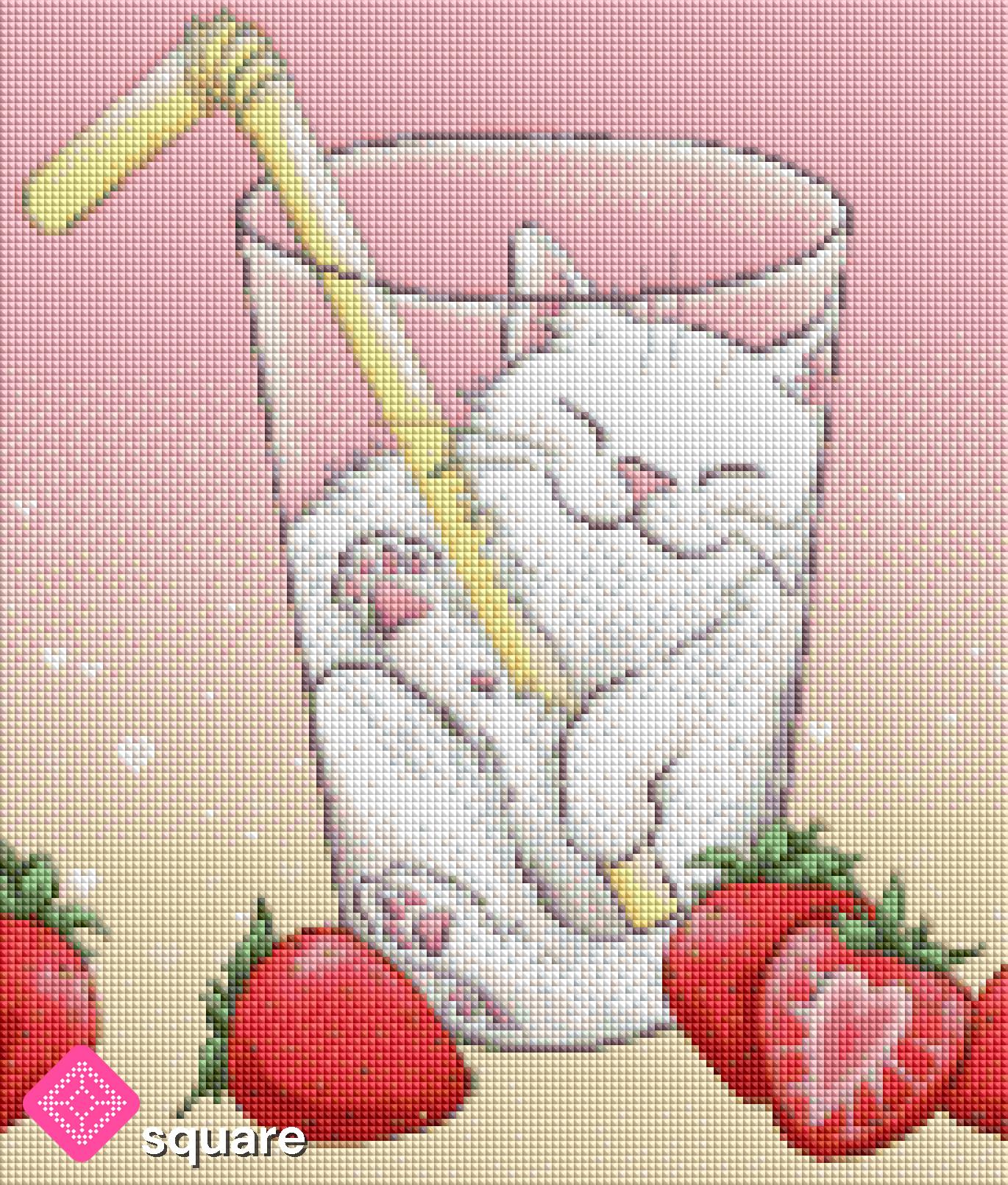 Diamond Painting Vorschau mit schlafender Katze im Erdbeermilchglas und Erdbeeren in funkelnder Steinoptik