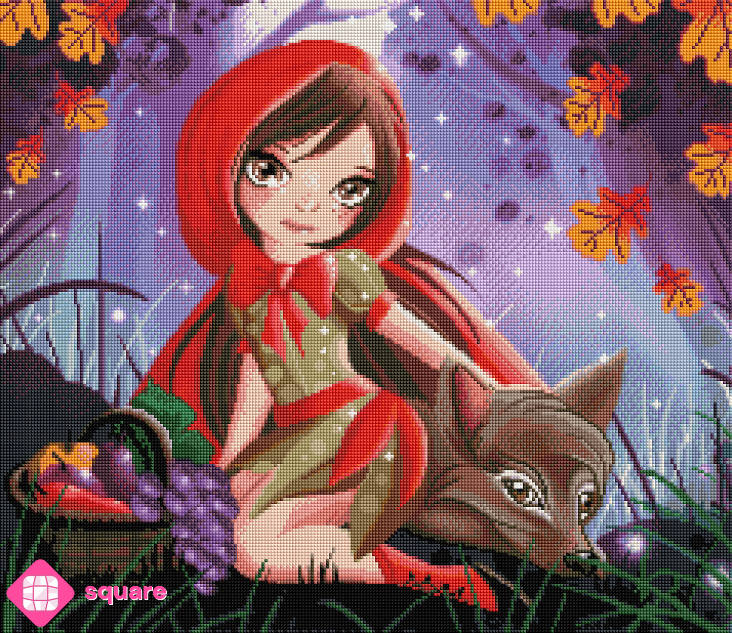 Diamond Painting Vorschau mit kleinem Rotkäppchen beim Picknick im Wald und einem Wolf als freundlichem Begleiter an ihrer Seite, umgeben von fallendem Herbstlaub in funkelnder Steinoptik