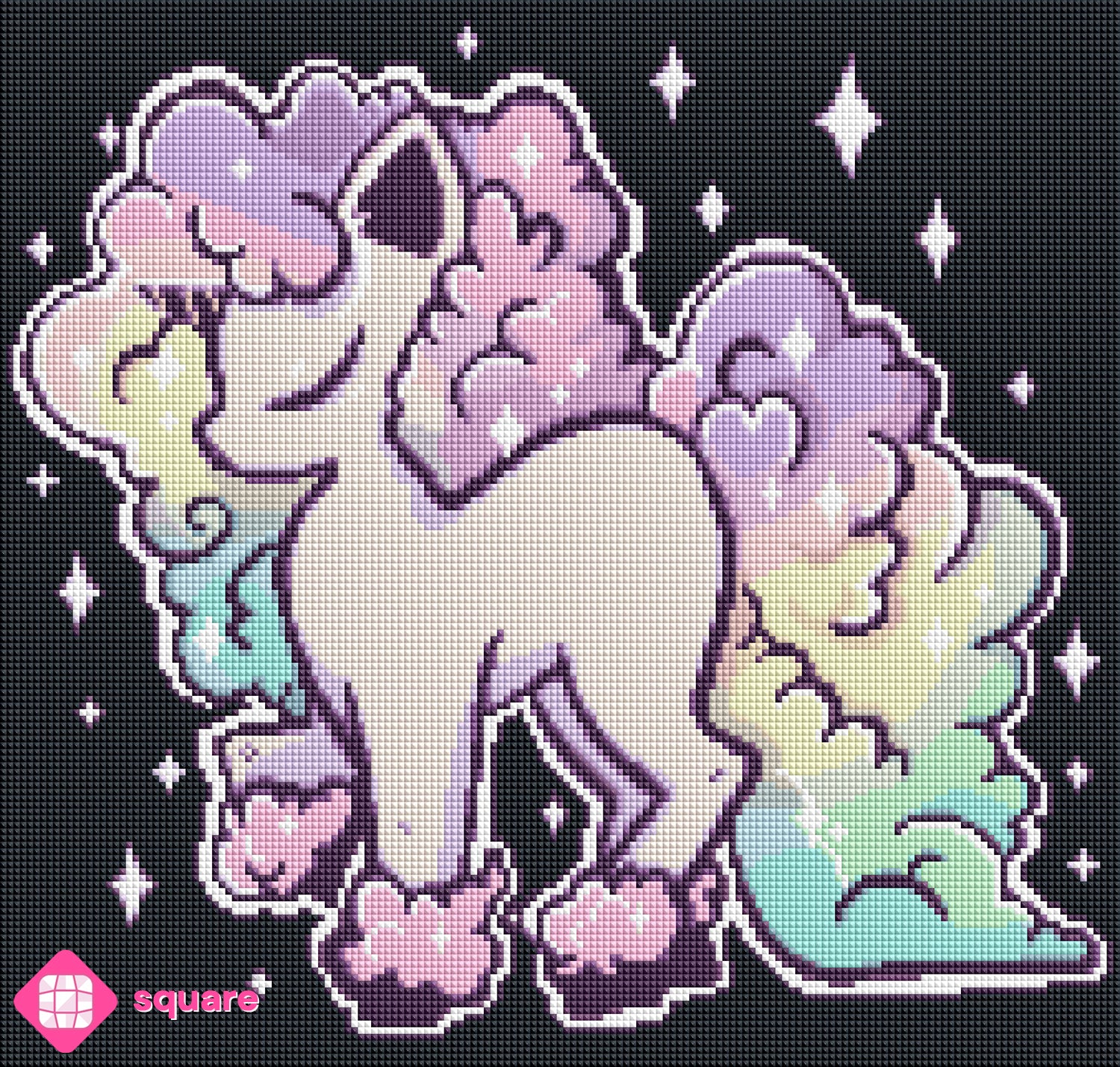 Diamond Painting Vorschau mit Einhorn mit Regenbogen Mähne in funkelnder Steinoptik