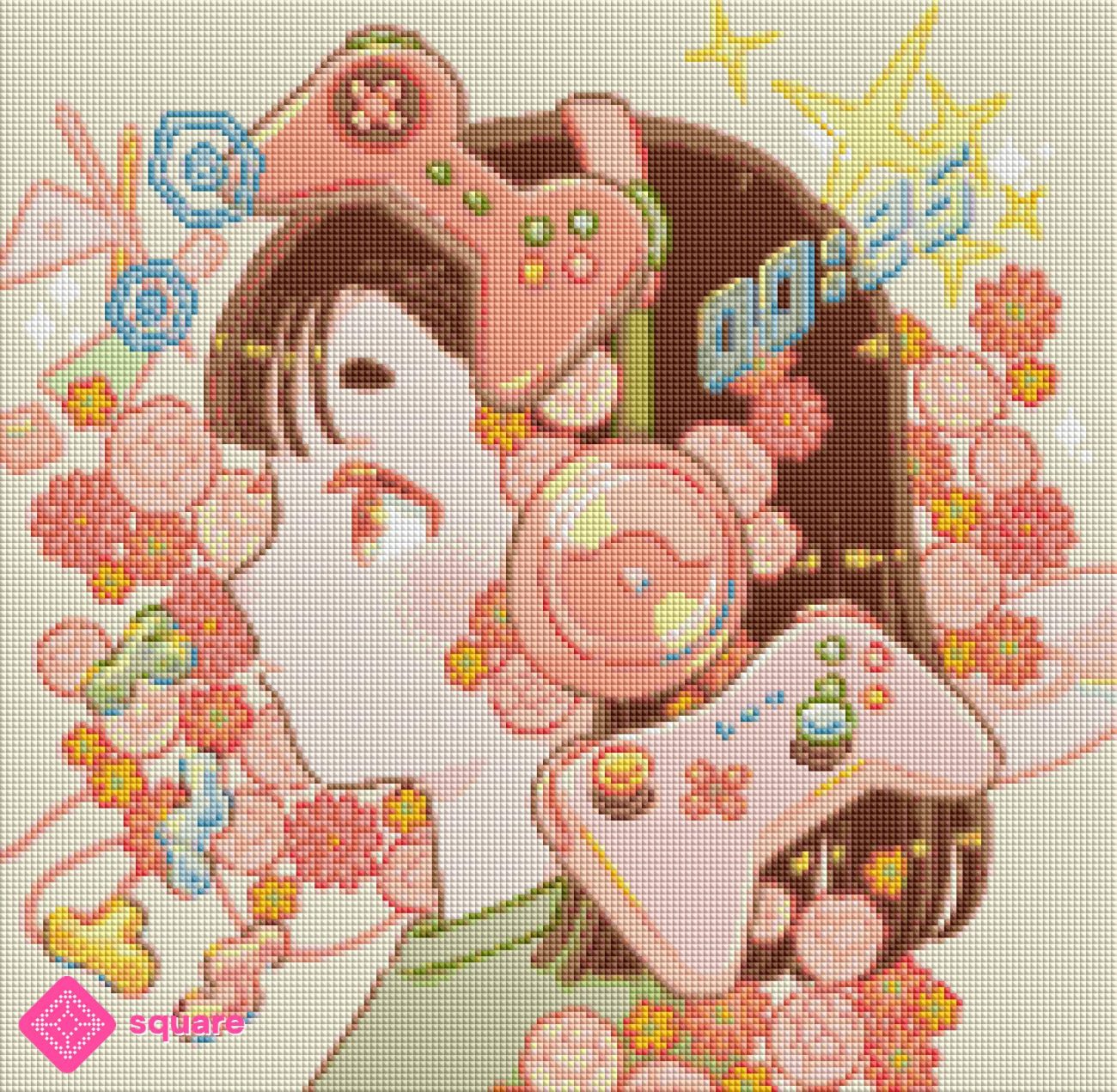 Vorschau eines Diamond Paintings von Hiroko mit Gaming Mädchen umgeben von Controllern und Blumen in funkelnder Steinoptik