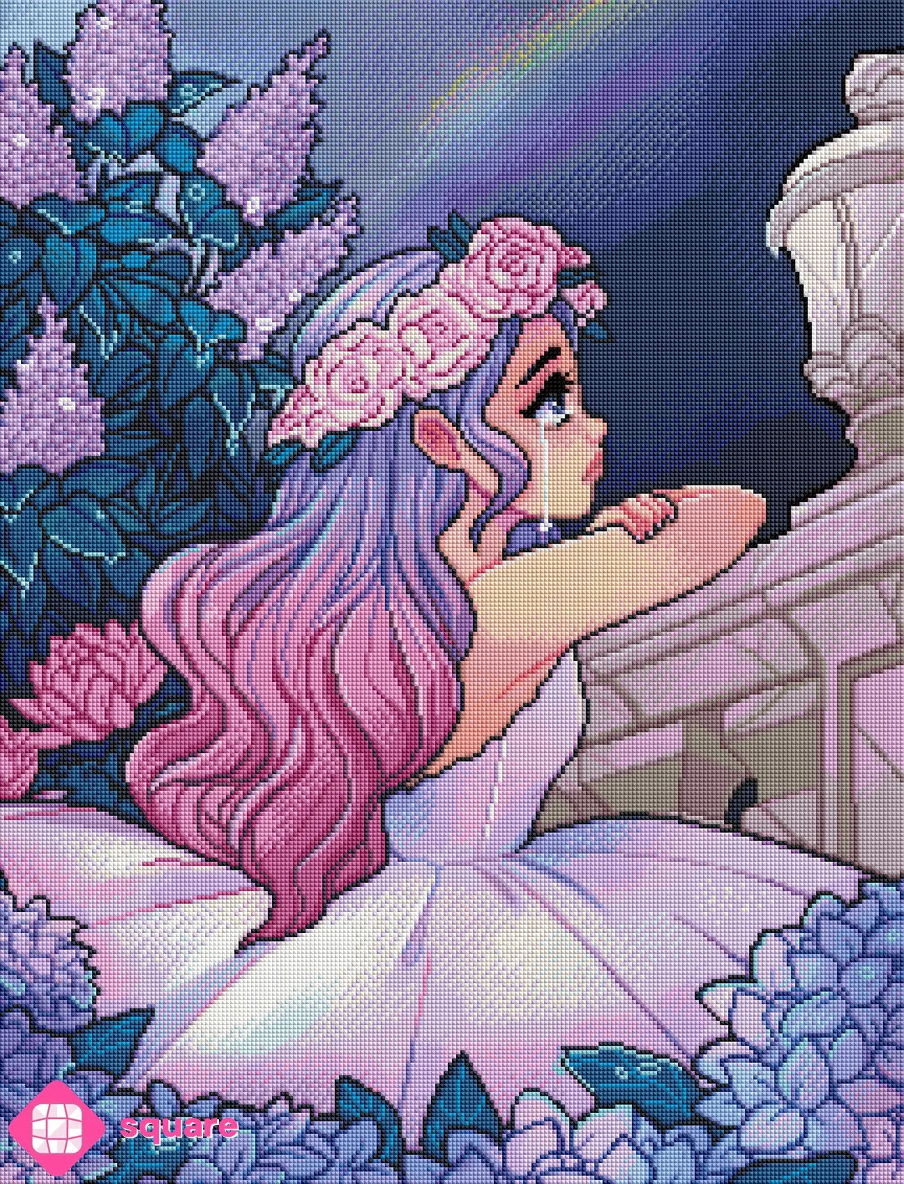 Diamond Painting Vorschau mit Mädchen im geheimnisvollen Garten voller Blumen in funkelnder Steinoptik als Render-Vorschau