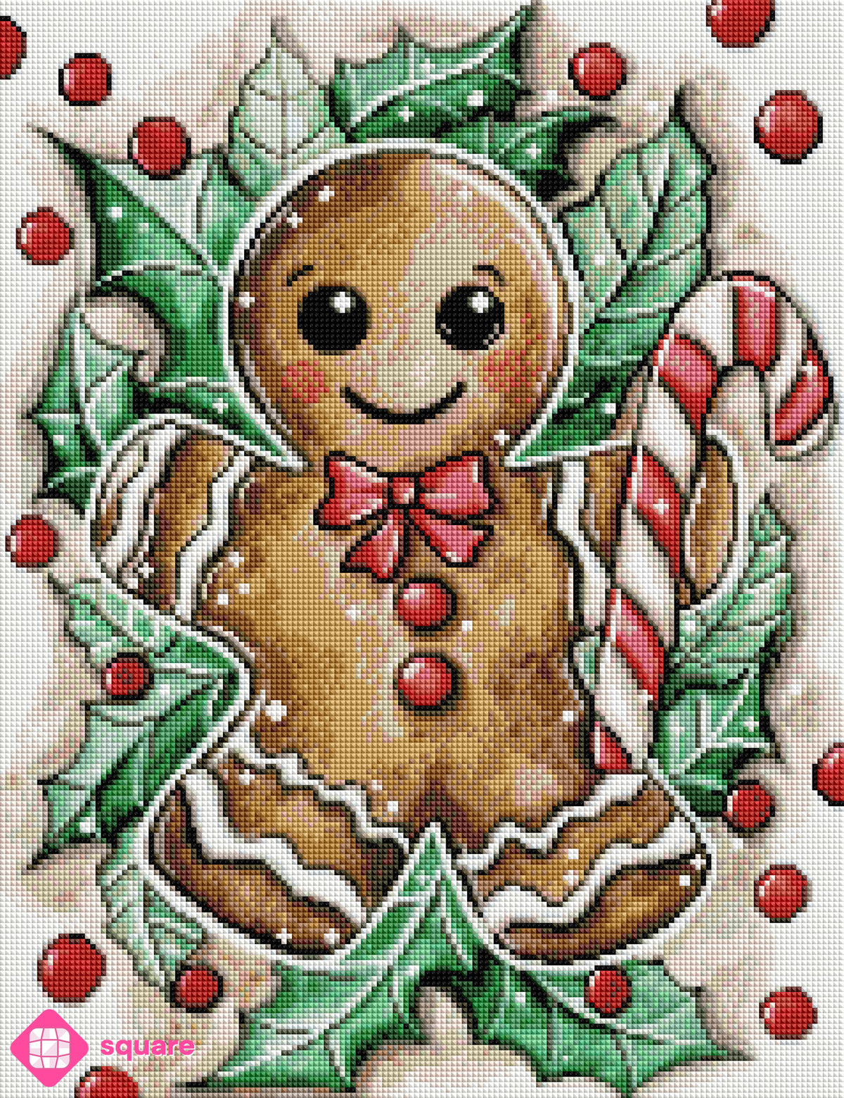 Diamond Painting Vorschau mit einem niedlichen Lebkuchenmann mit weißer Verzierung, roter Schleife und roten Knöpfen, umgeben von grünen Blättern und leuchtend roten Beeren, mit einer Zuckerstange in der Hand, in funkelnder Steinoptik