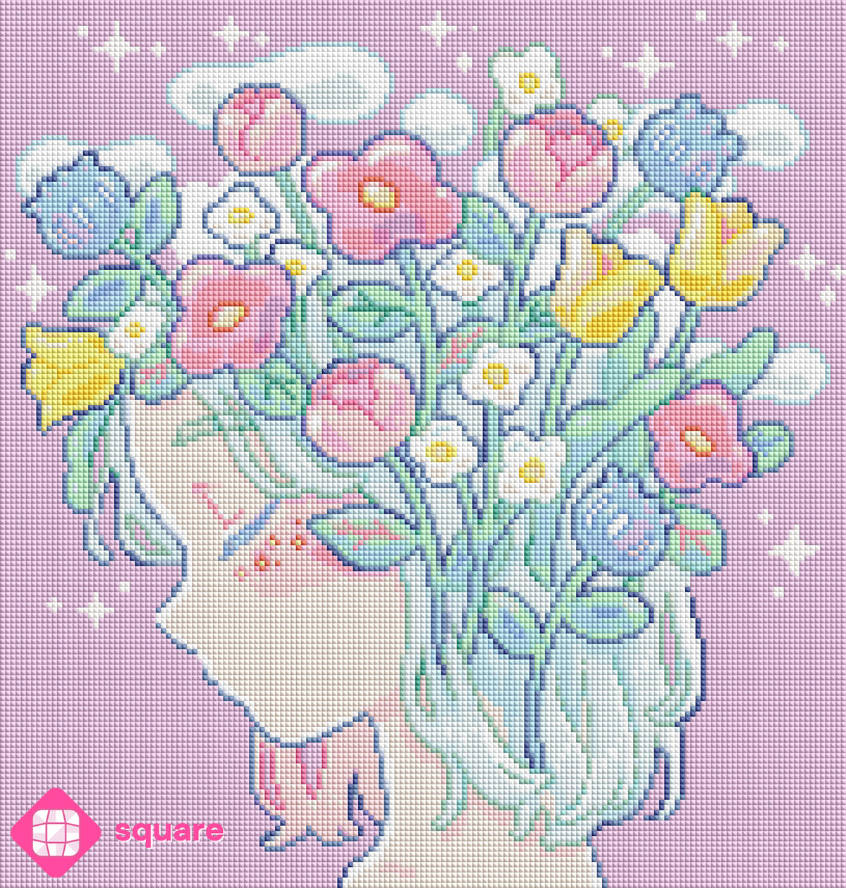 Vorschau eines Diamond Paintings von Hiroko mit Blumenportrait und pastellfarbenem Hintergrund in funkelnder Steinoptik