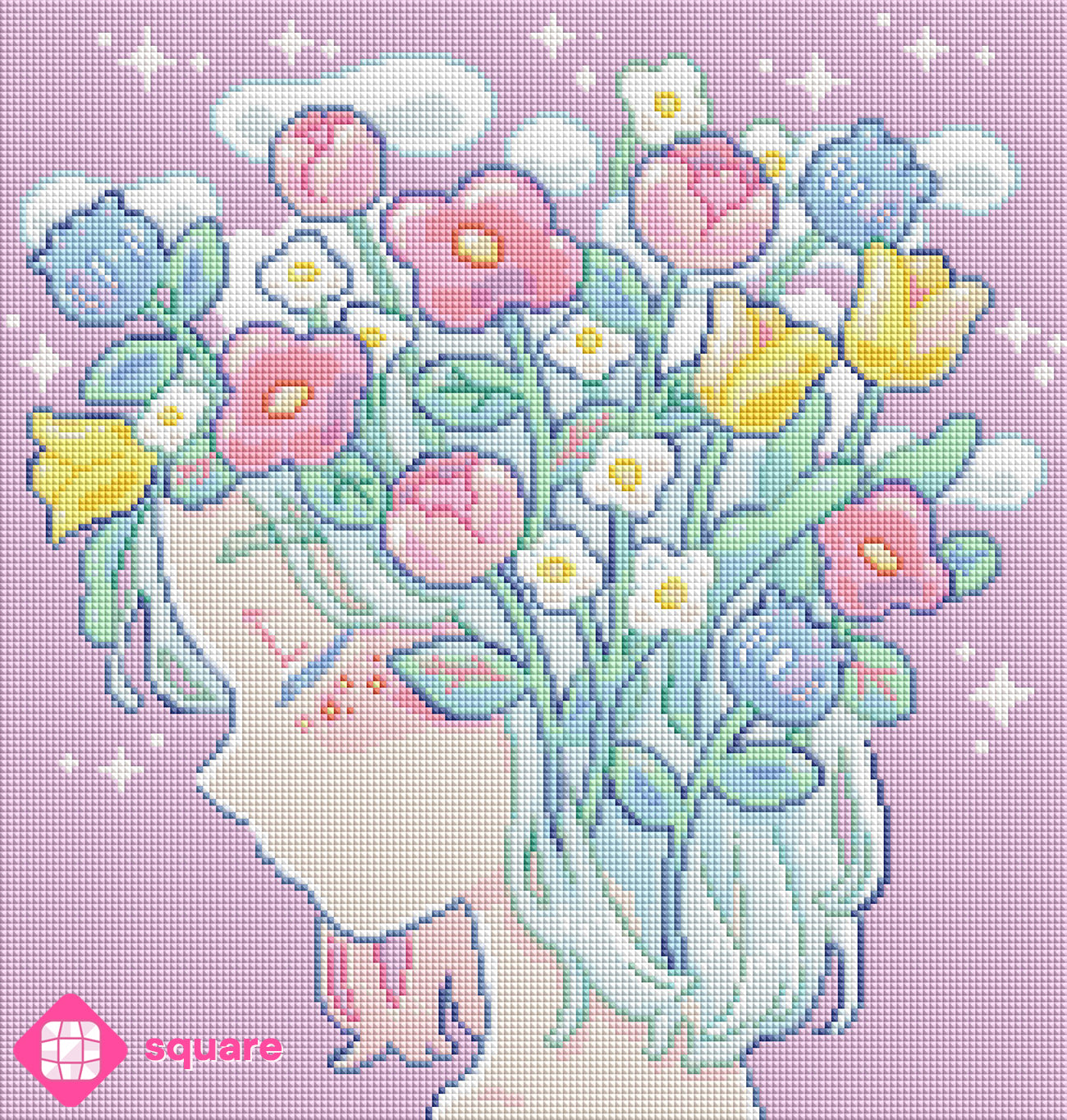 Vorschau eines Diamond Paintings von Hiroko mit Blumenportrait und pastellfarbenem Hintergrund in funkelnder Steinoptik