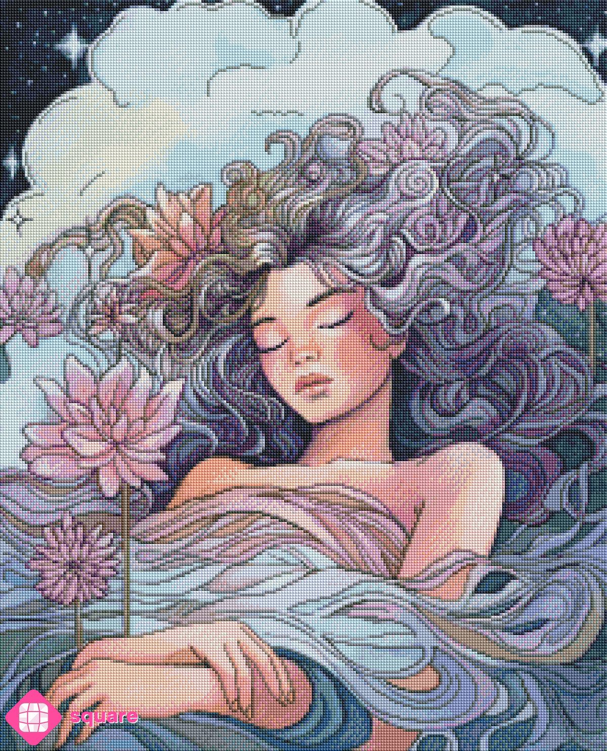 Diamond Painting Vorschau mit Mädchen mit Blumen. Wolken und Sternenhimmel in funkelnder Steinoptik