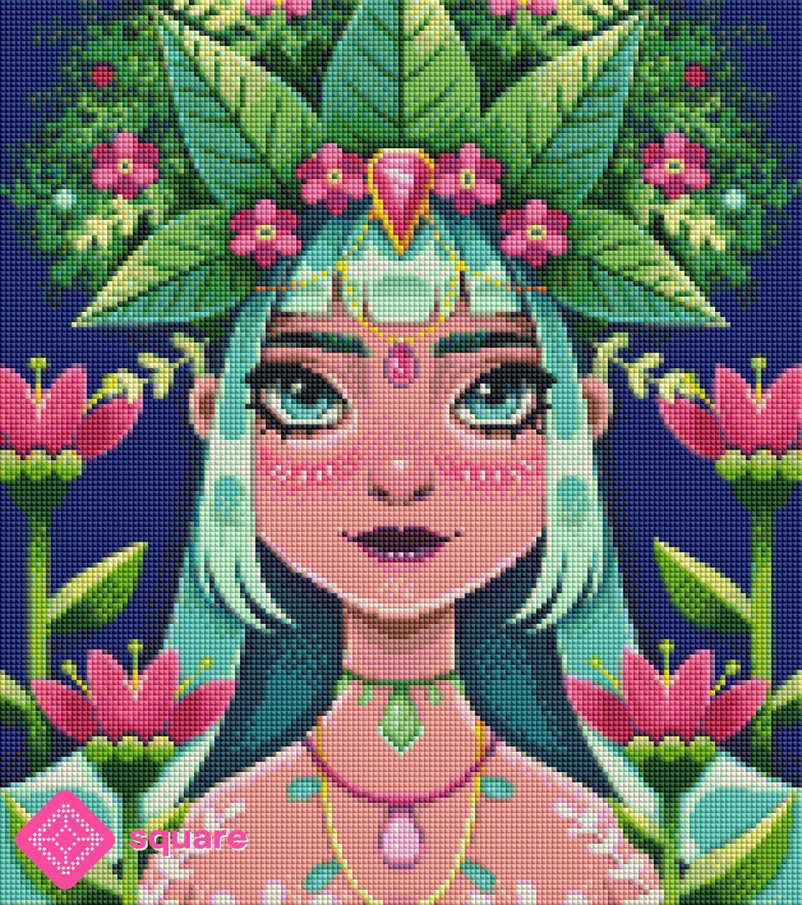 Diamond Painting Vorschau mit exotischem Mädchen, floralem Kopfschmuck und Körperbemalung inmitten einer farbenprächtigen tropischen Pflanzenwelt