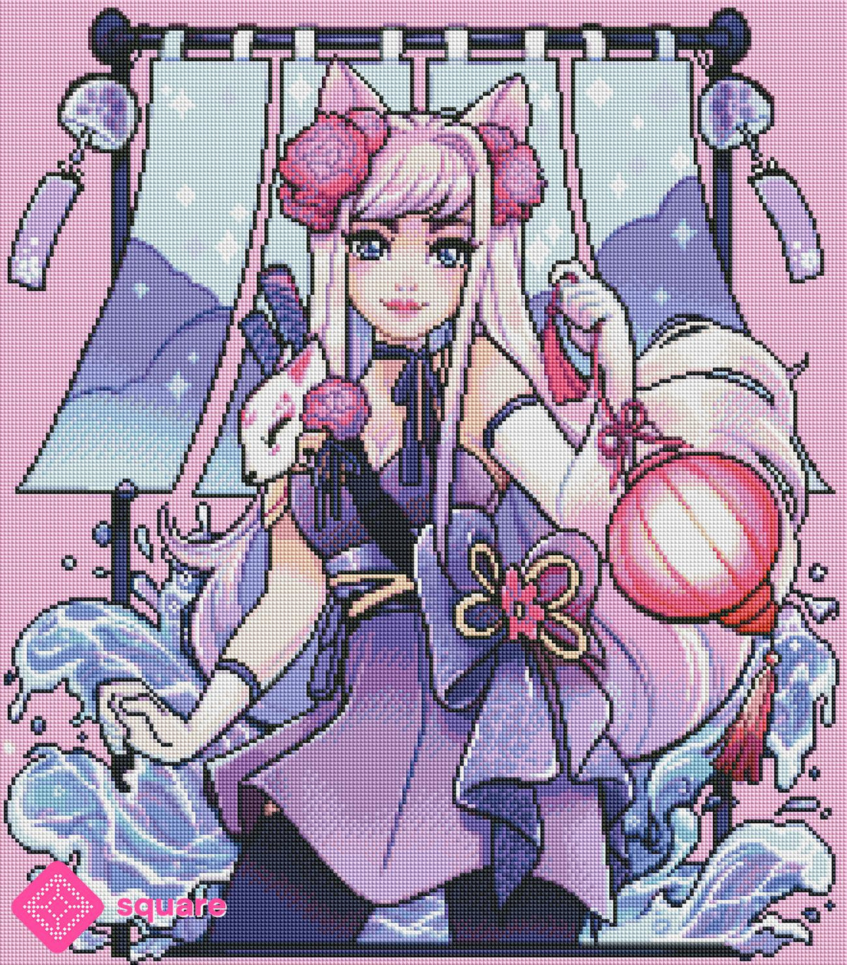 Diamond Painting Vorschau mit Kitsune Mädchen in funkelnder Steinoptik