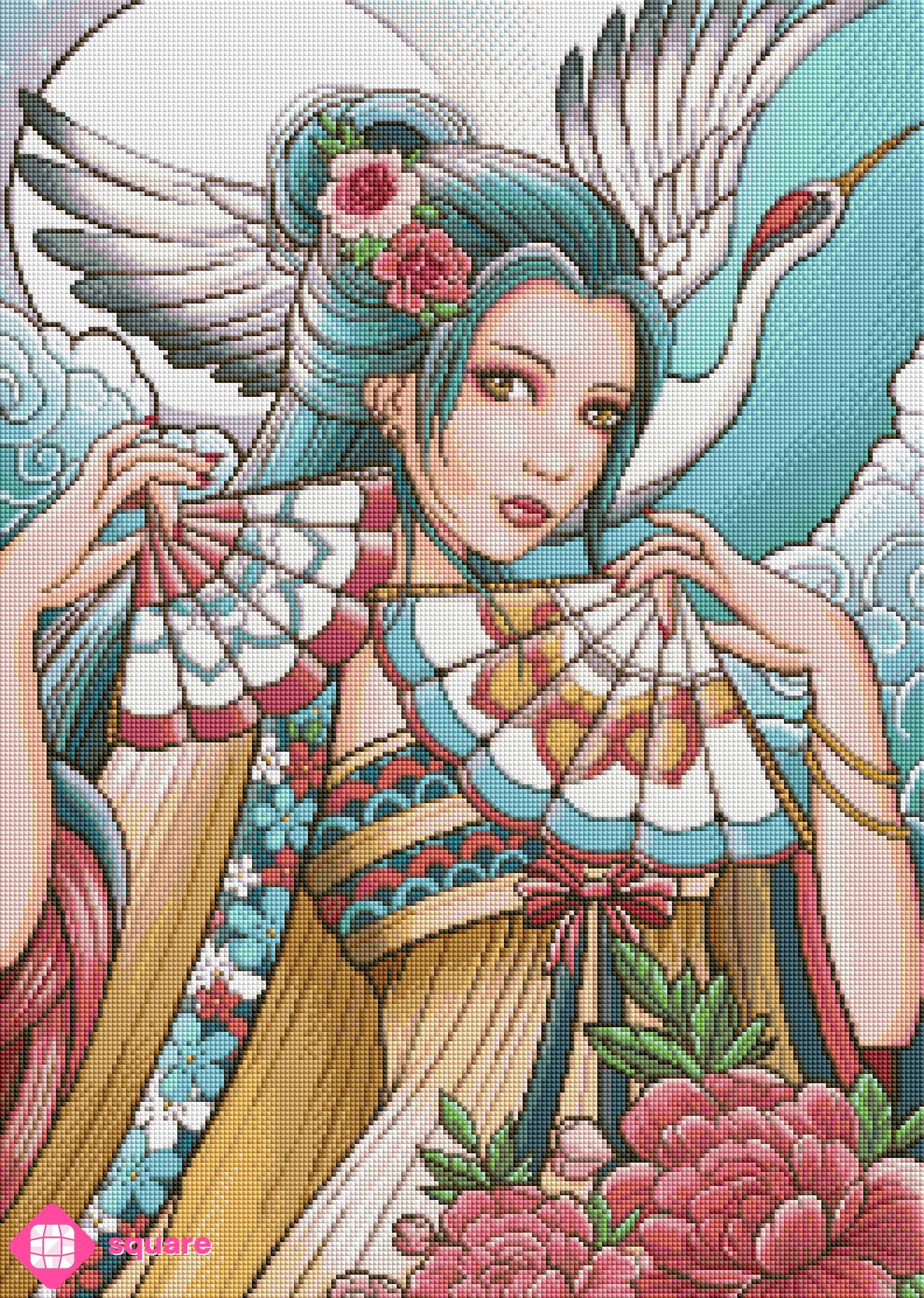 Diamond Painting Vorschau mit asiatischer Schönheit im Kimono, geschmückt mit Blumen im Haar und Fächern, vor einem Vollmond und einem fliegenden Kranich in funkelnder Steinoptik