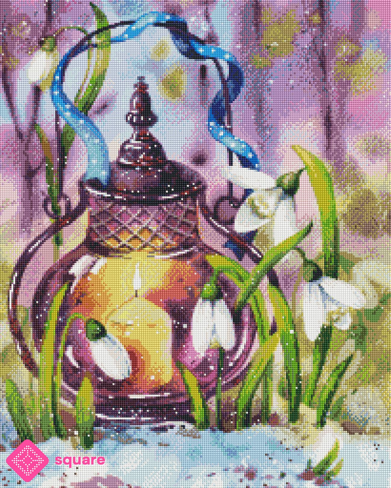 Diamond Painting Vorschau mit winterlicher Laterne, sanftem Kerzenschein, kleinen Schneeglöckchen und blauem Band in funkelnder Steinoptik