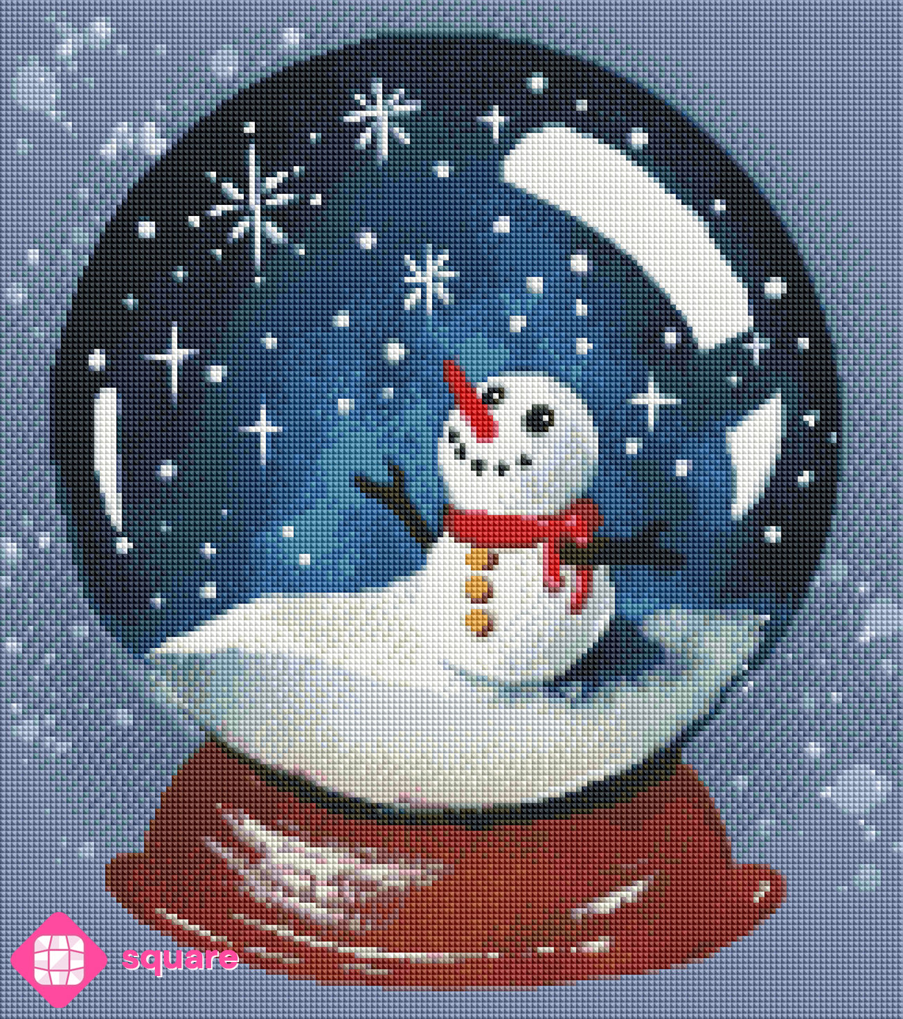 Diamond Painting Vorschau mit fröhlichem Schneemann in einer verschneiten Schneekugel, umgeben von funkelnden Schneeflocken und Sternen in winterlicher Steinoptik