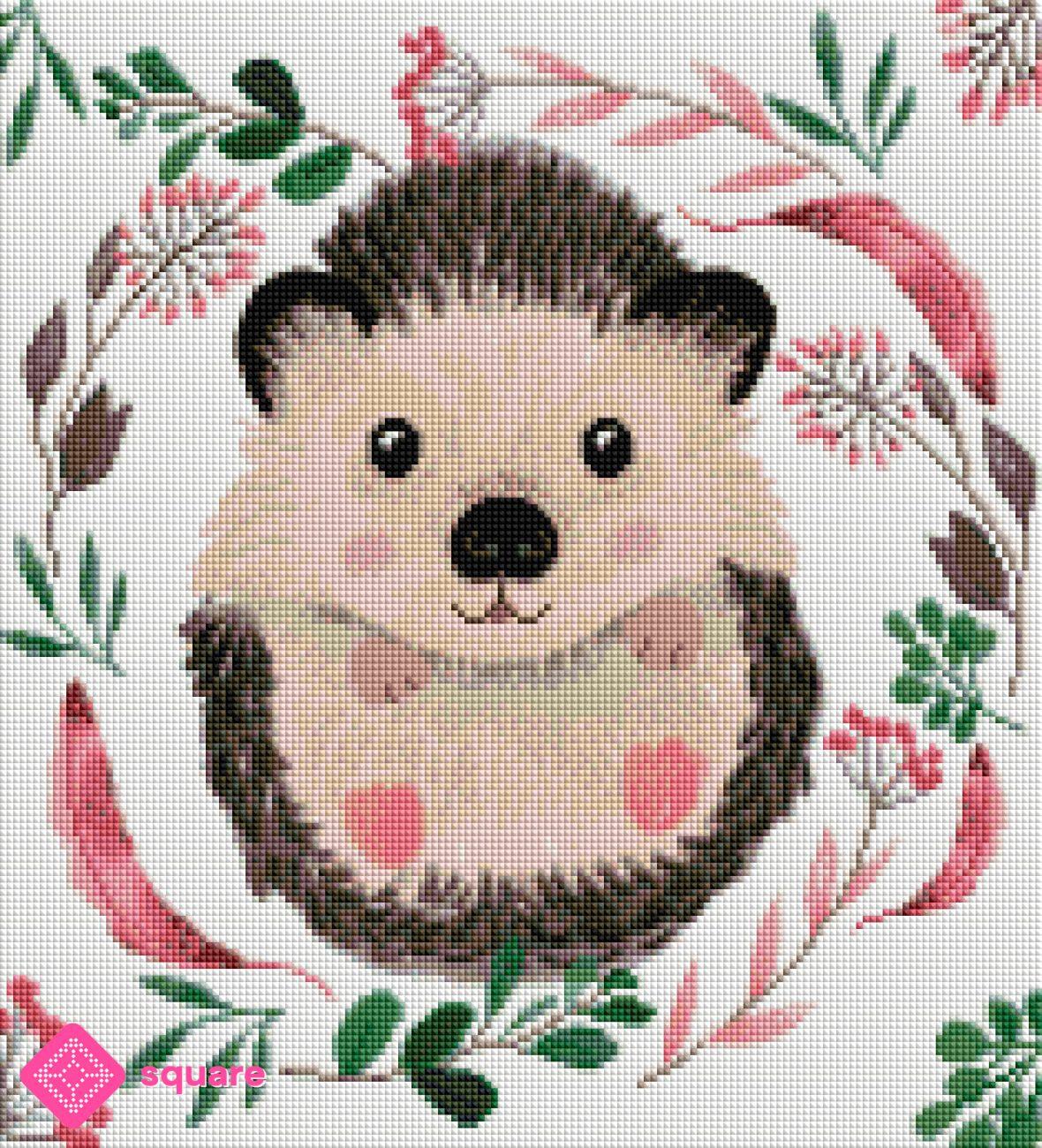 Vorschau eines niedlichen Igel Diamond Paintings mit Blumen, Blättern und Beeren in funkelnder Steinoptik