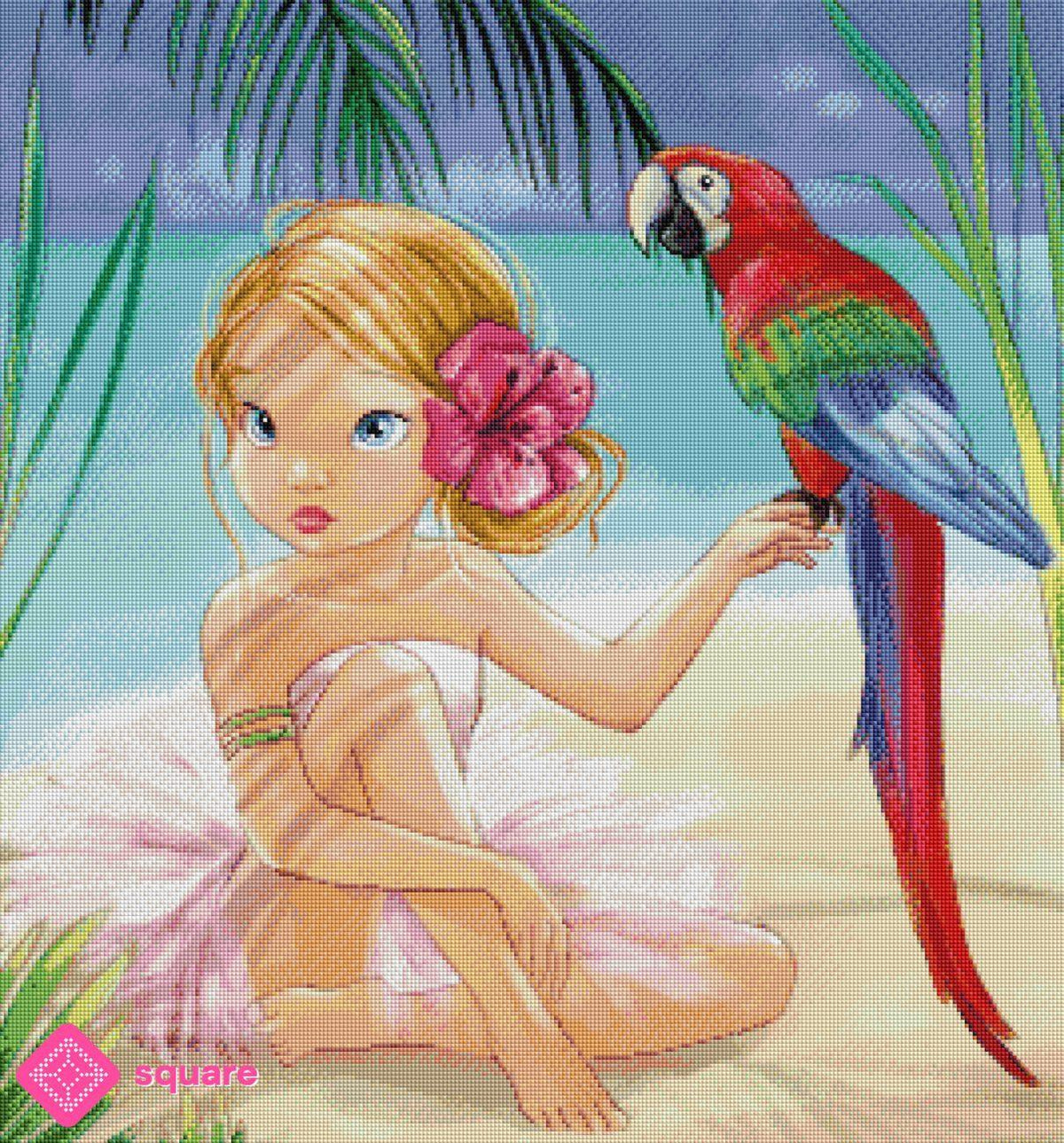 Diamond Painting Vorschau mit Ballerina Mädchen und Papagei in funkelnder Steinoptik