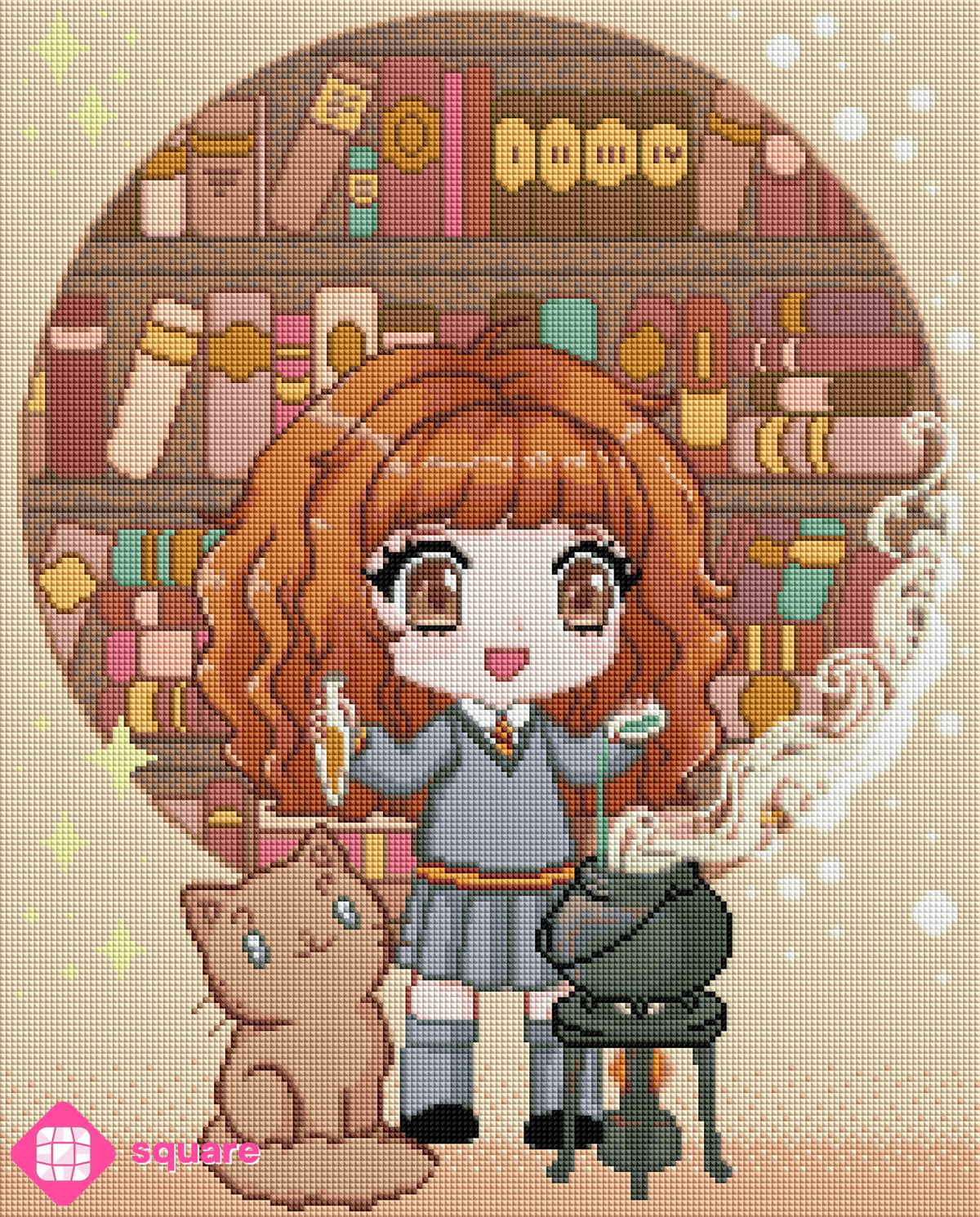 Diamond Painting Vorschau einer kleinen Hexenschülerin mit Katze, Zauberkessel und Zauberphiolen vor einem Regal voller alter Zauberbücher in funkelnder Steinoptik als Render-Vorschau