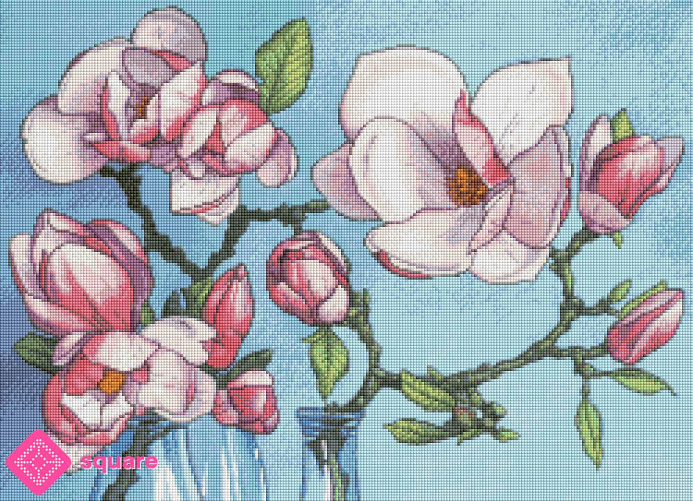 Vorschau eines floralen Diamond Paintings mit rosa Magnolienästen in transparenten Glasgefäßen vor blauem Himmel