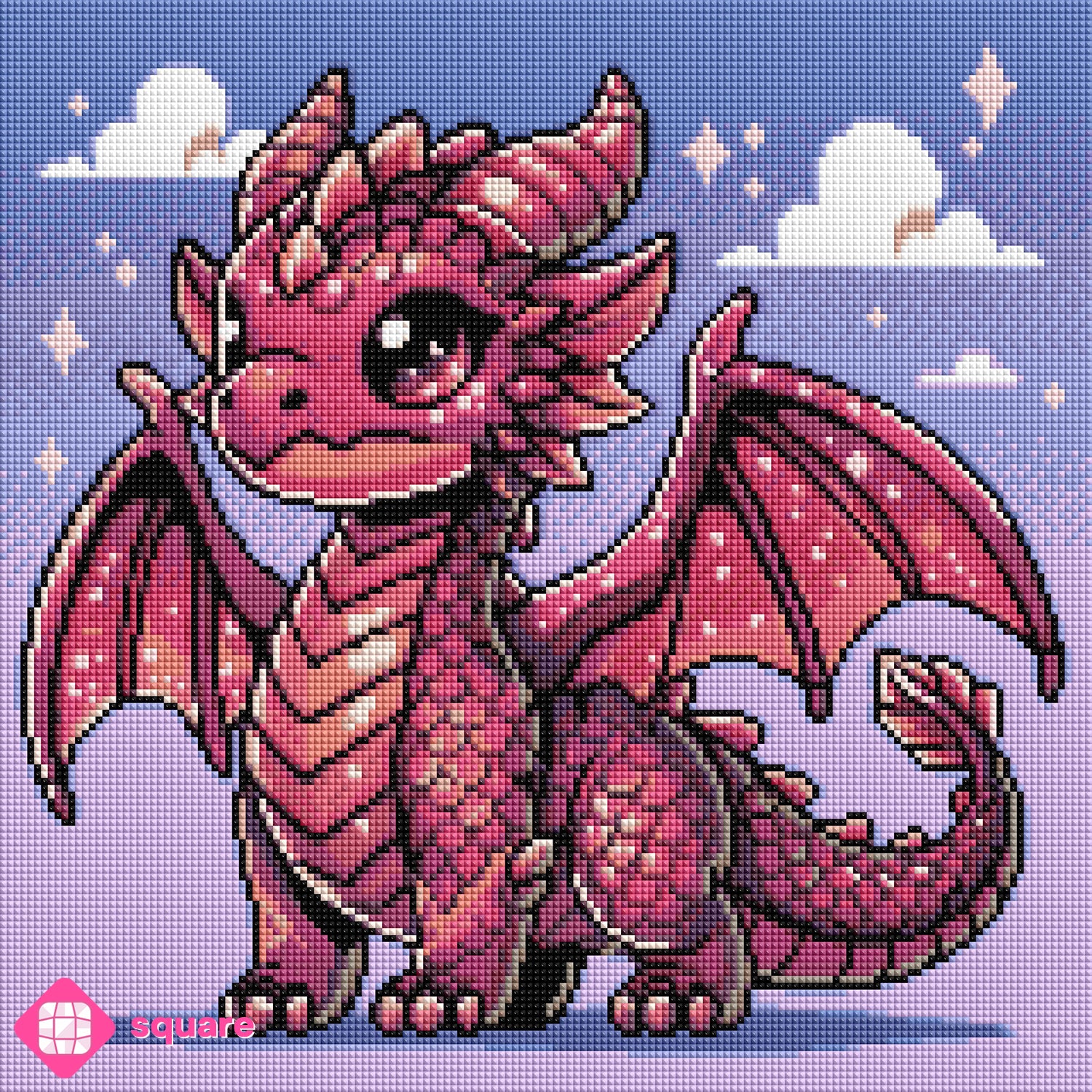 Diamond Painting Vorschau mit kleinem weinrotem Drachen mit Schuppen, Hörnern und Flügeln vor einem strahlend blauen Himmel mit weißen Wölkchen in funkelnder Steinoptik