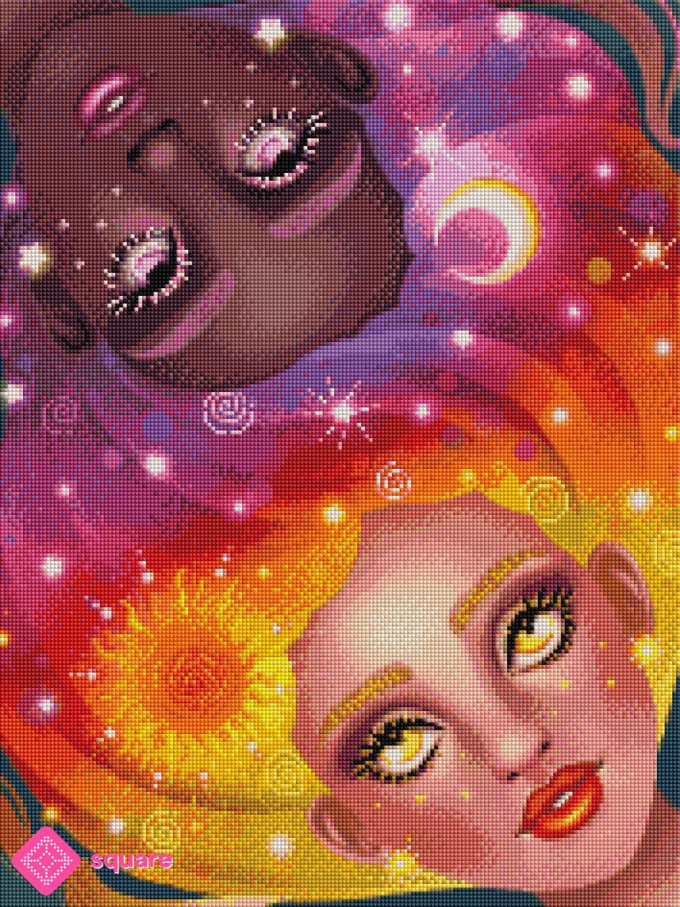 Diamond Painting Vorschau mit dunklem Mondgesicht und hellem Sonnengesicht, deren lila und gelb-orange Haare kunstvoll ineinanderfließen