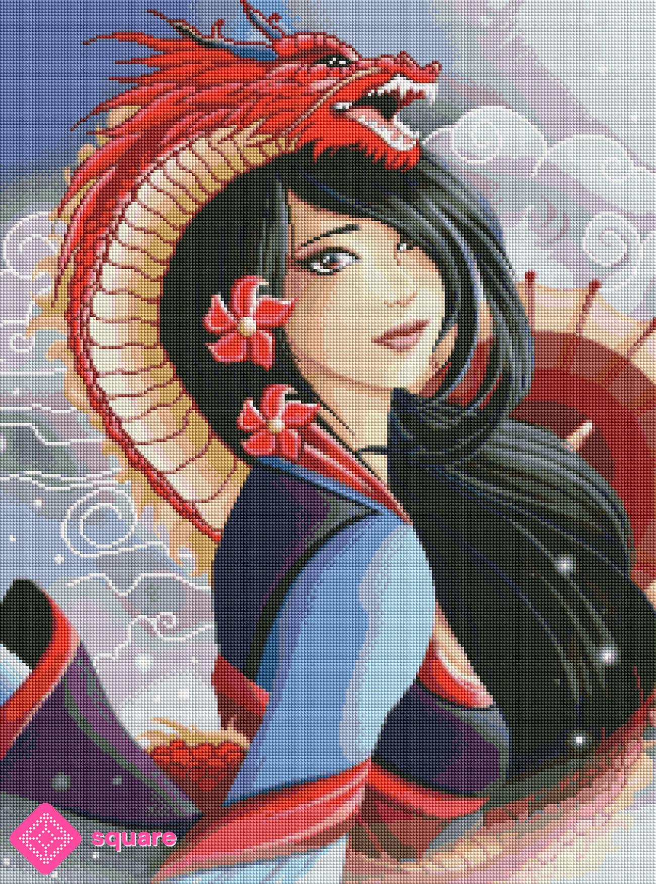 Diamond Painting Vorschau mit Mulan und rotem Drachen in funkelnder Steinoptik