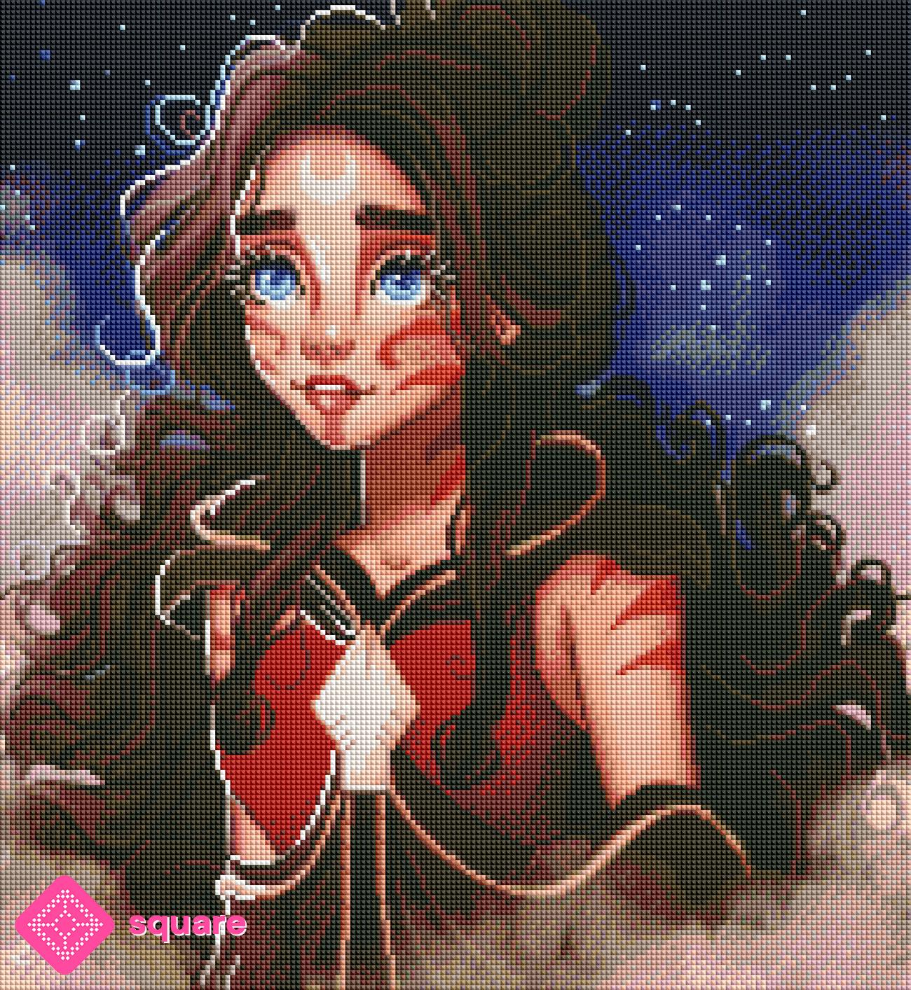 Diamond Painting Vorschau mit mystischer Hüterin des Himmels in rotem Kleid, umgeben von funkelnden Sternen und zartem Nebel in magischer Steinoptik